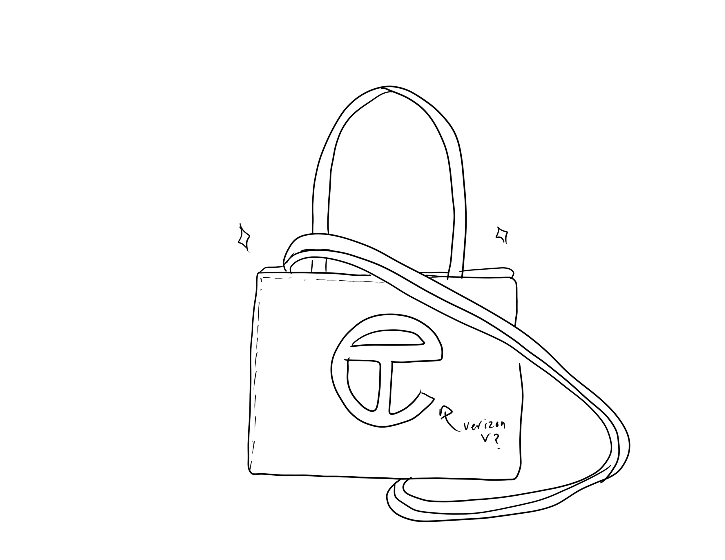 Black and white sketch of a tote bag with a logo, a handle, and a long strap, with small sparkles around it.