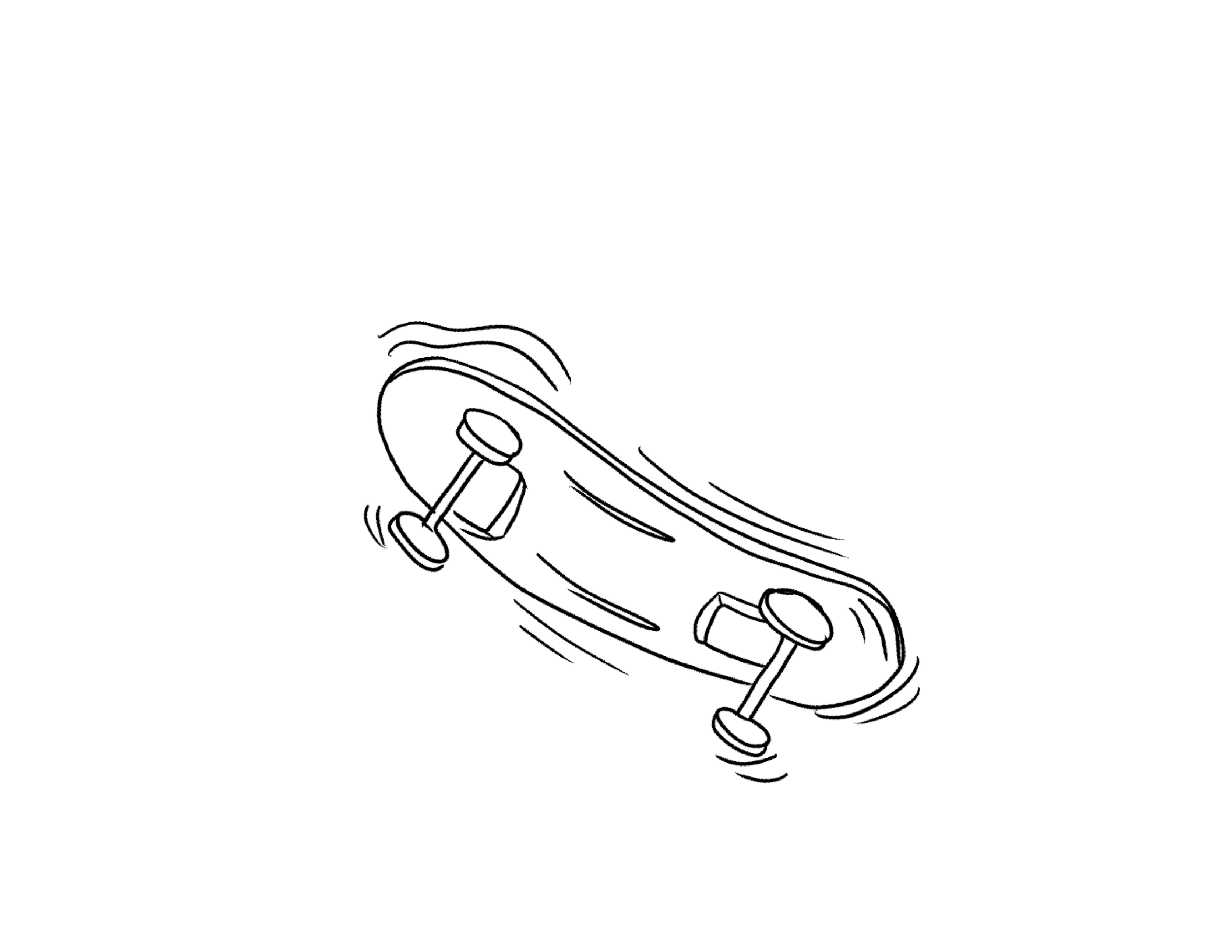 Simple black and white line drawing of a skateboard moving on a surface, showing motion lines indicating speed.