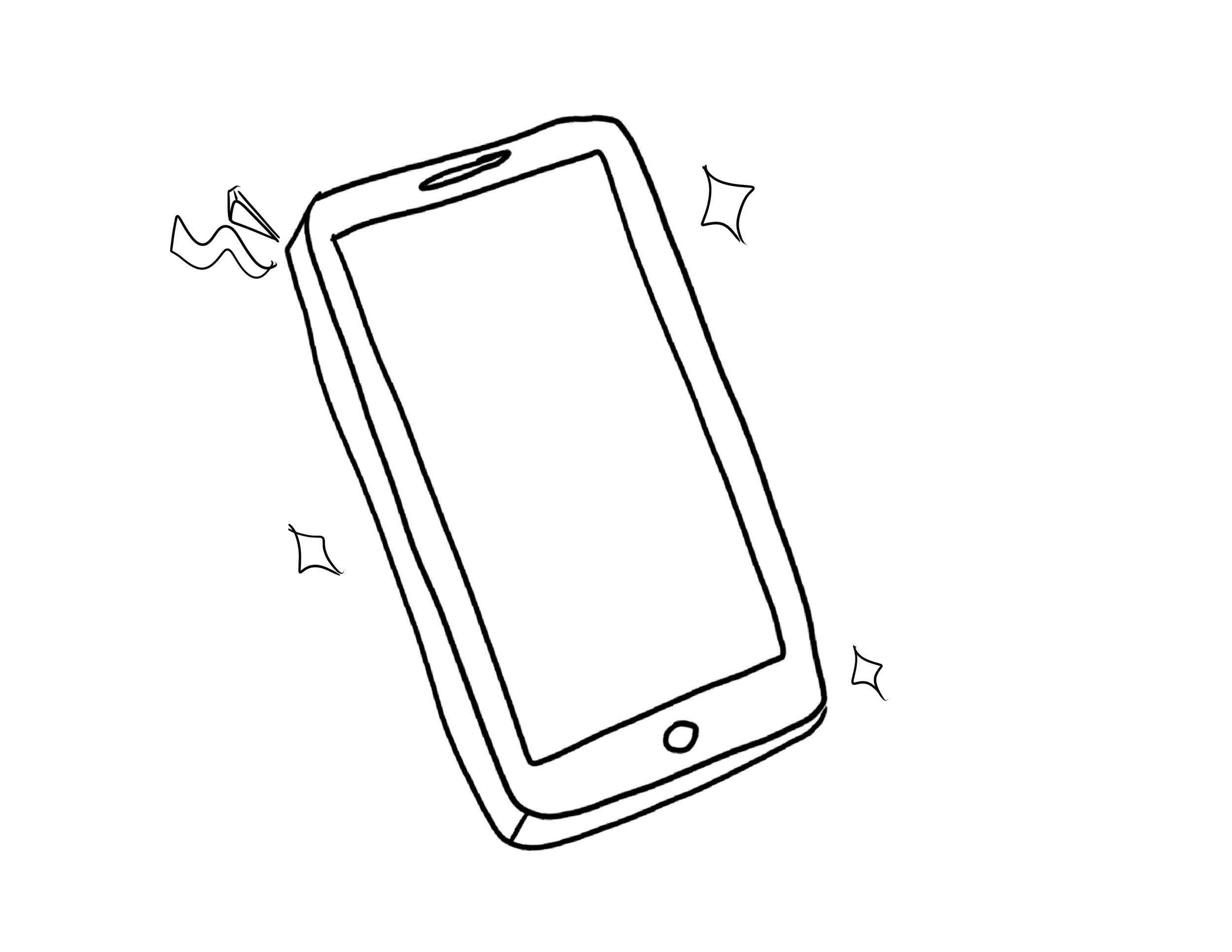 Line drawing of a smartphone with sparkles around it.