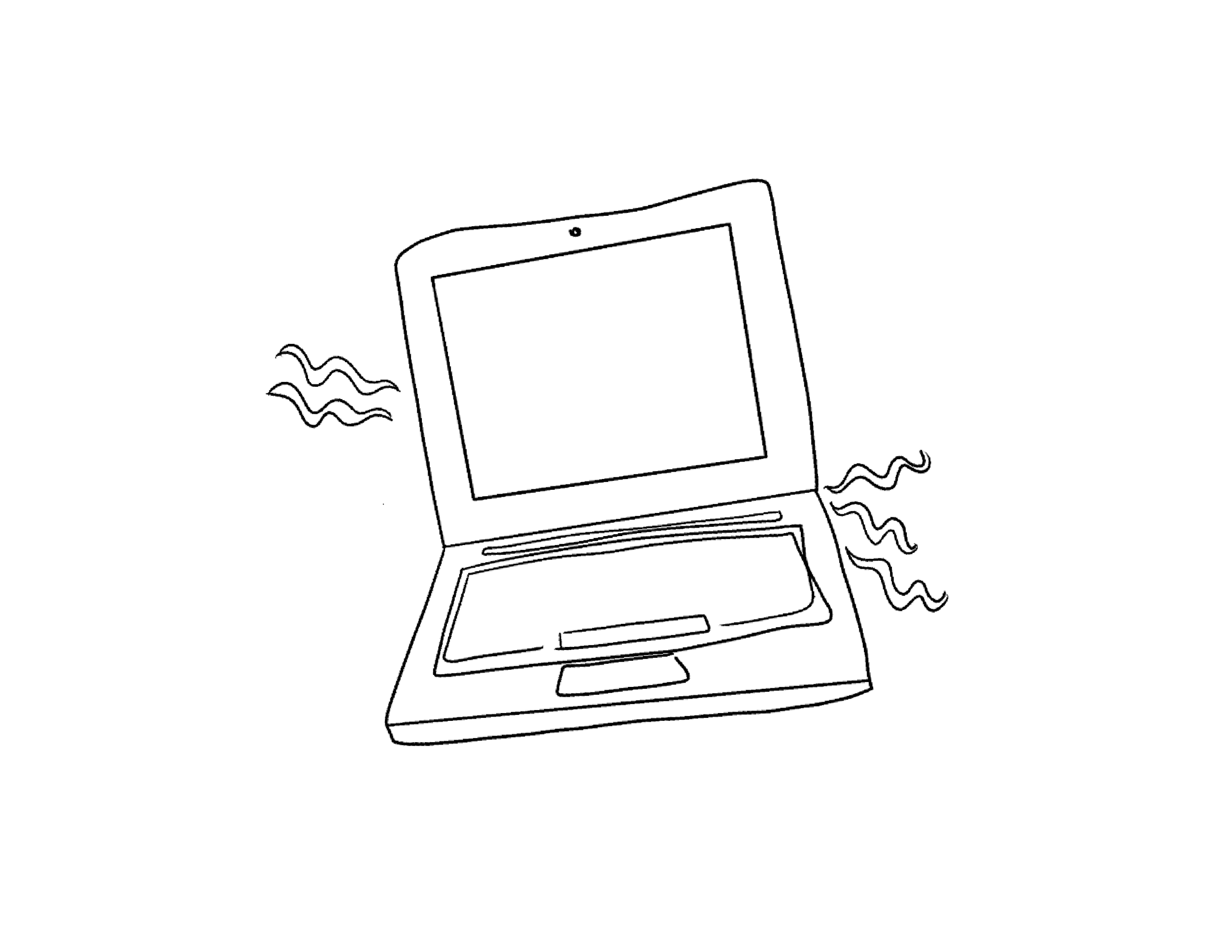Line drawing of a laptop with lines indicating heat or vapor coming off it.