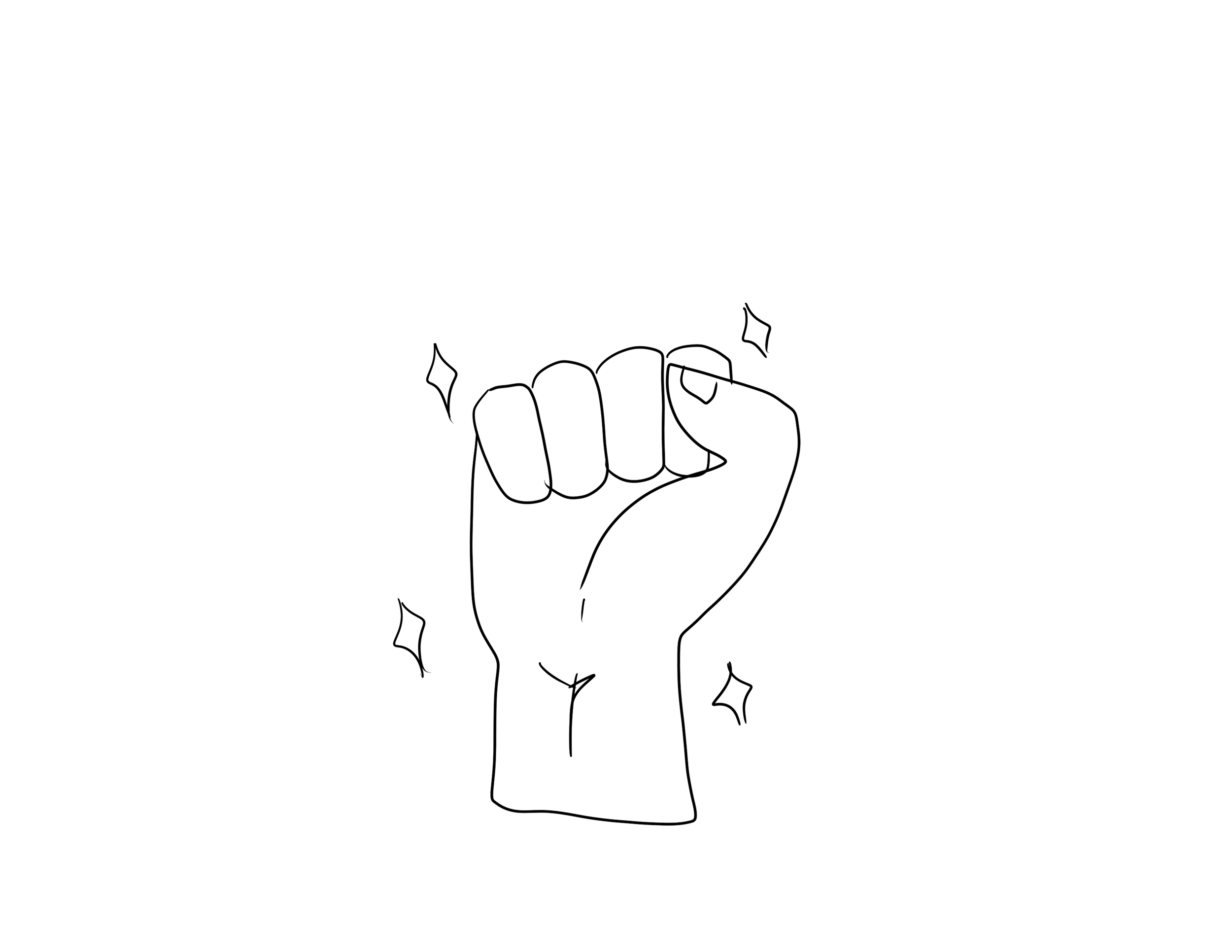 Line drawing of a raised fist with sparkles around it.
