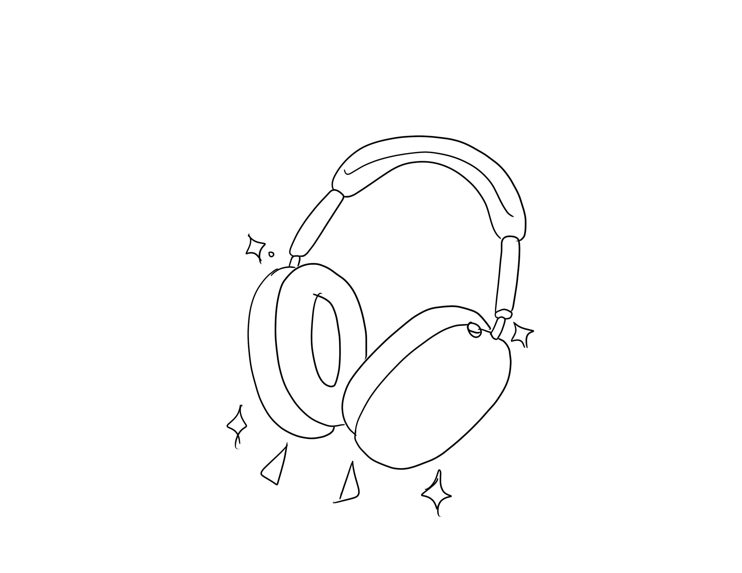 Line drawing of a pair of headphones with sparkles around them.
