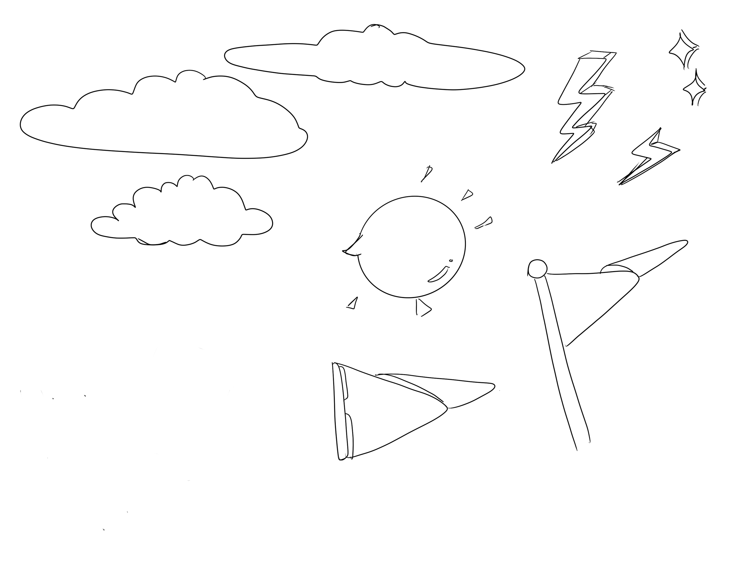 Line drawing of a cheerful sun with a smiling face, surrounded by clouds and lightning bolts, with flags on poles nearby.