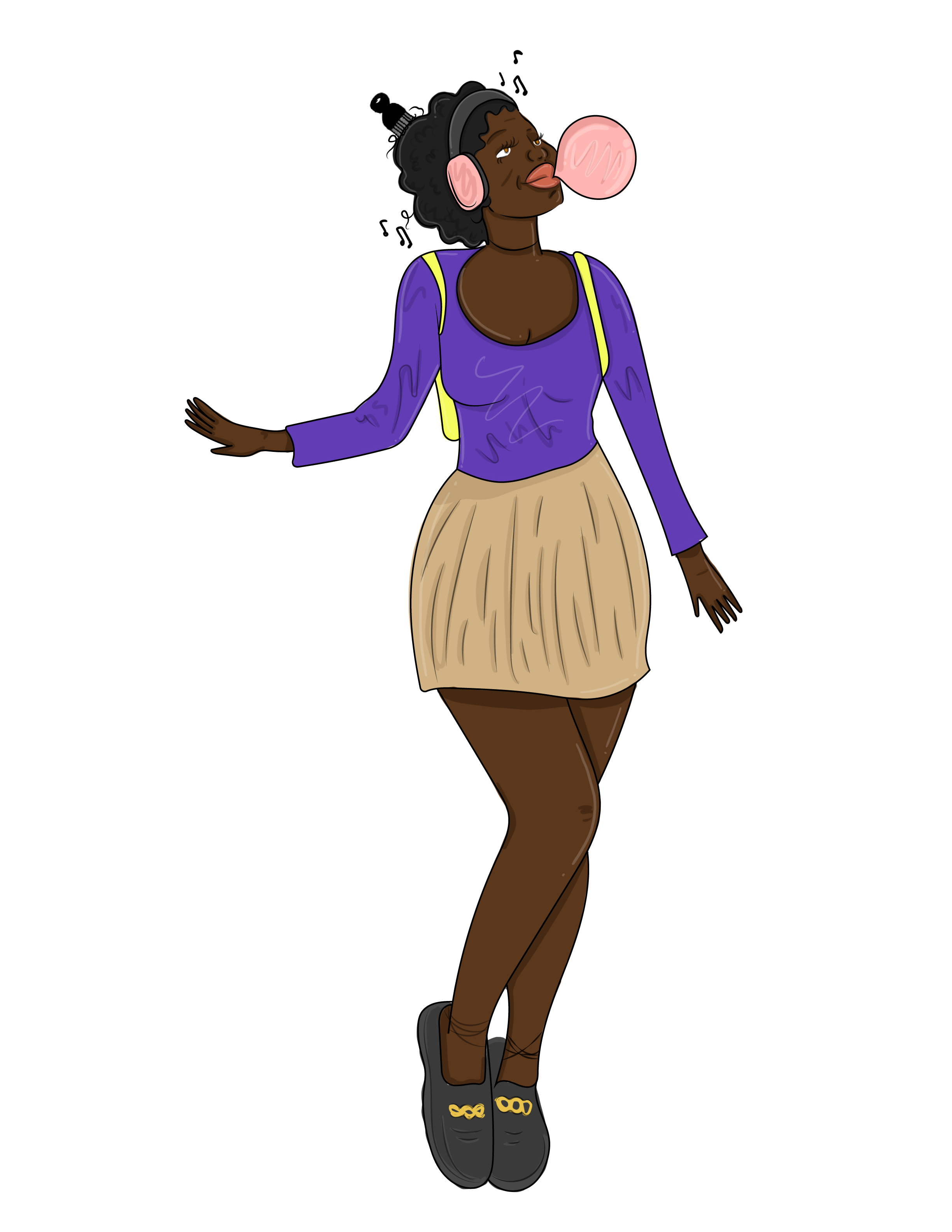 A woman with dark skin and curly black hair wearing headphones, blowing pink bubbles, dressed in a purple top, beige skirt, black shoes, and carrying a yellow backpack.