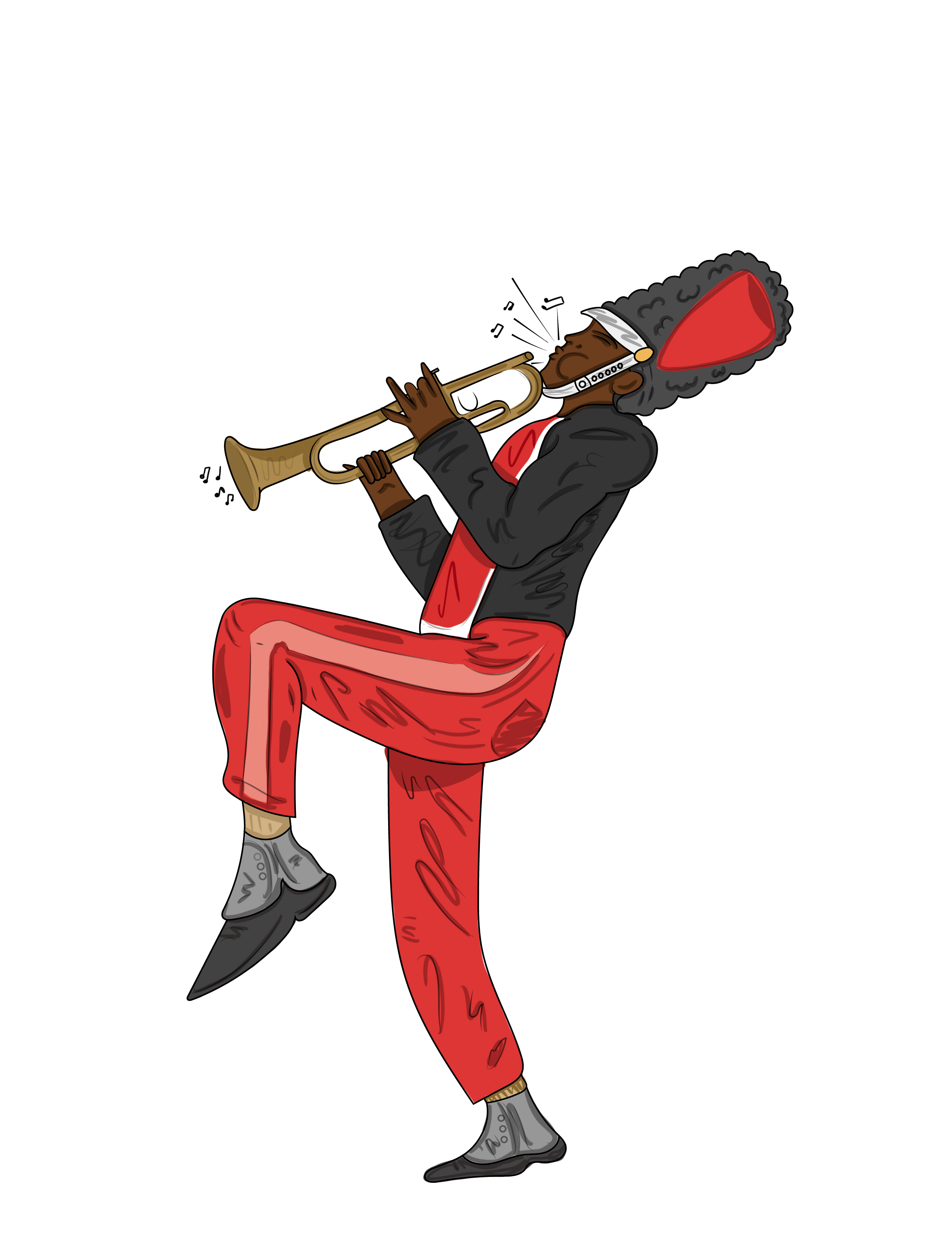 A person with curly hair, wearing a black jacket, red pants, gray shoes, and a white headband, playing a trumpet with one leg raised.