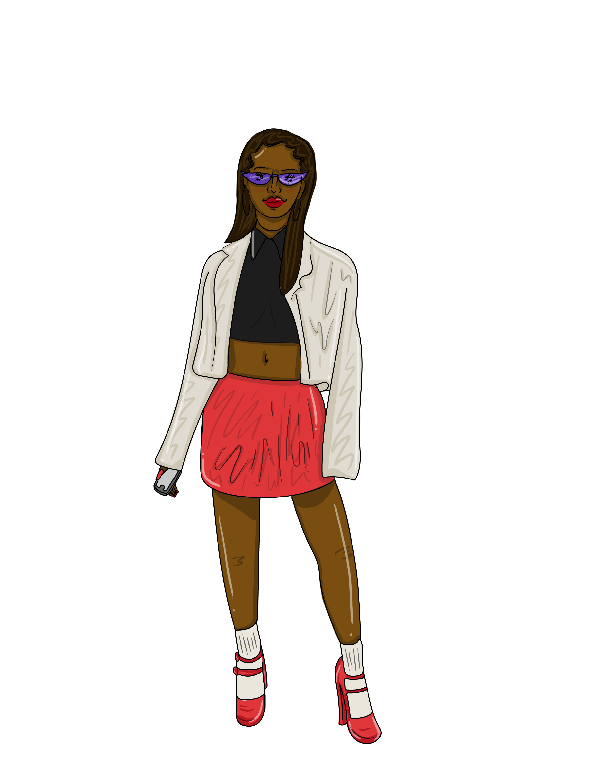 Stylish woman with long brown hair wearing purple glasses, black crop top, white blazer, red skirt, brown pants, white socks, and red heels, holding a phone.