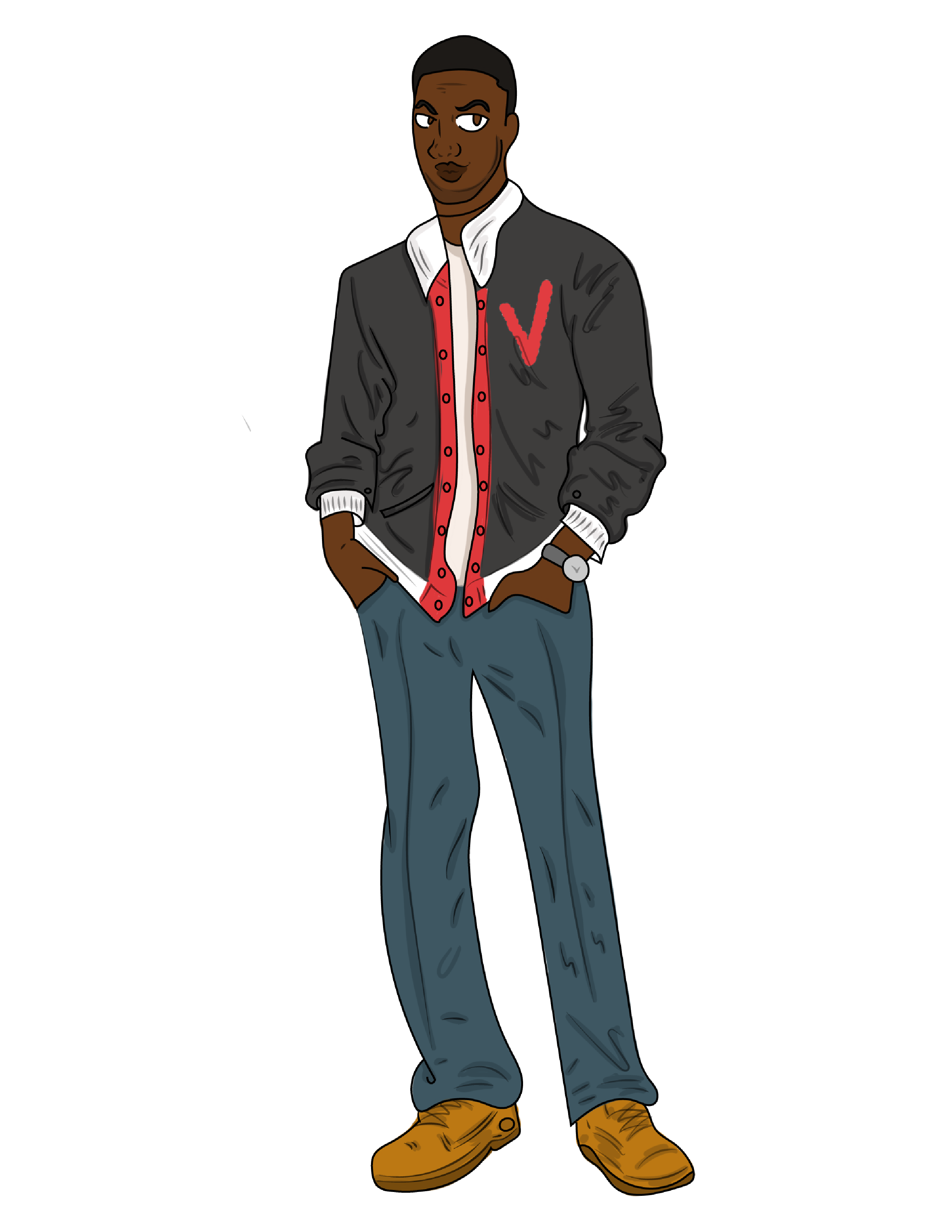 Cartoon of a young man standing with hands in pockets, wearing a gray varsity jacket with a red o icon on the chest, a white shirt underneath, blue jeans, and tan shoes.