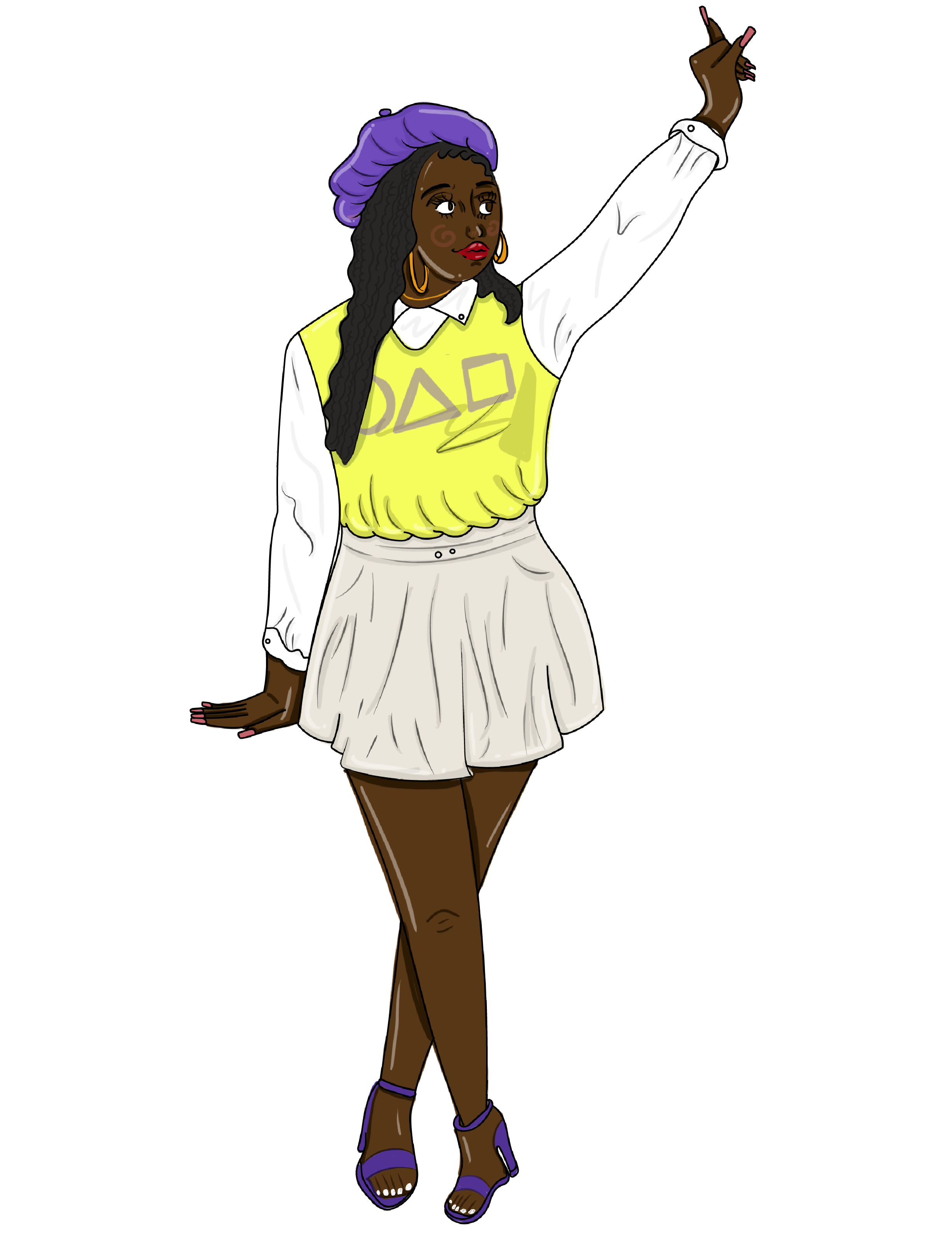 Illustration of a woman with dark skin and long black hair in a bun, wearing a purple beret, hoop earrings, a yellow vest with symbols, a white long-sleeve blouse, a white skirt, and purple high heels, posing with one hand on the ground and the other