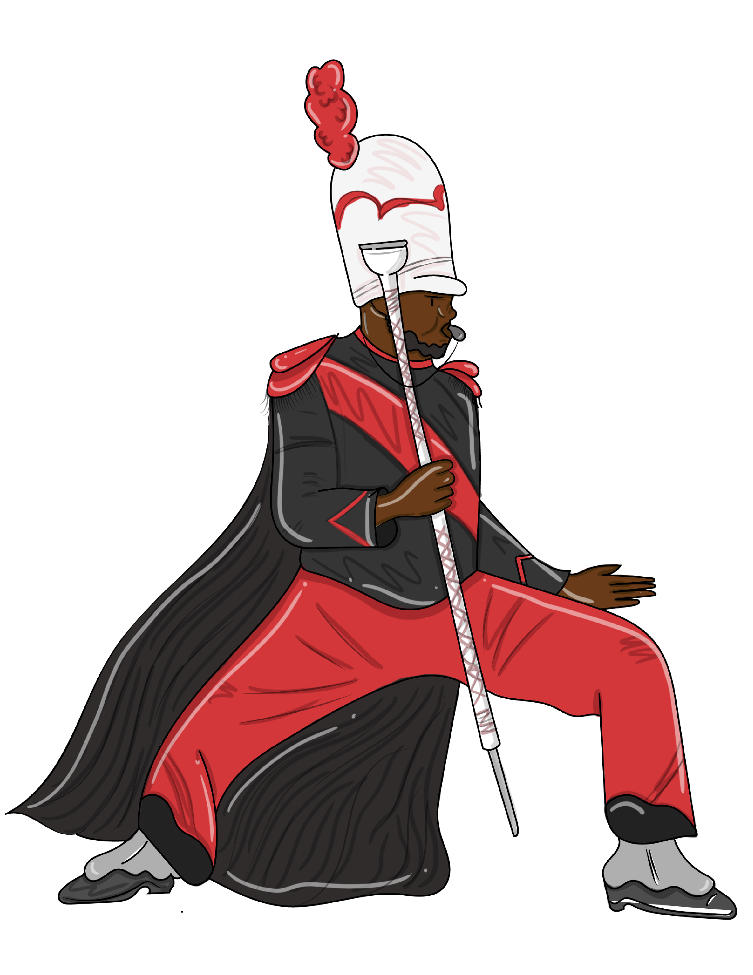 A cartoon character dressed as a marching band drum major, wearing a tall white hat with red feathers, a black and red uniform, and holding a baton.