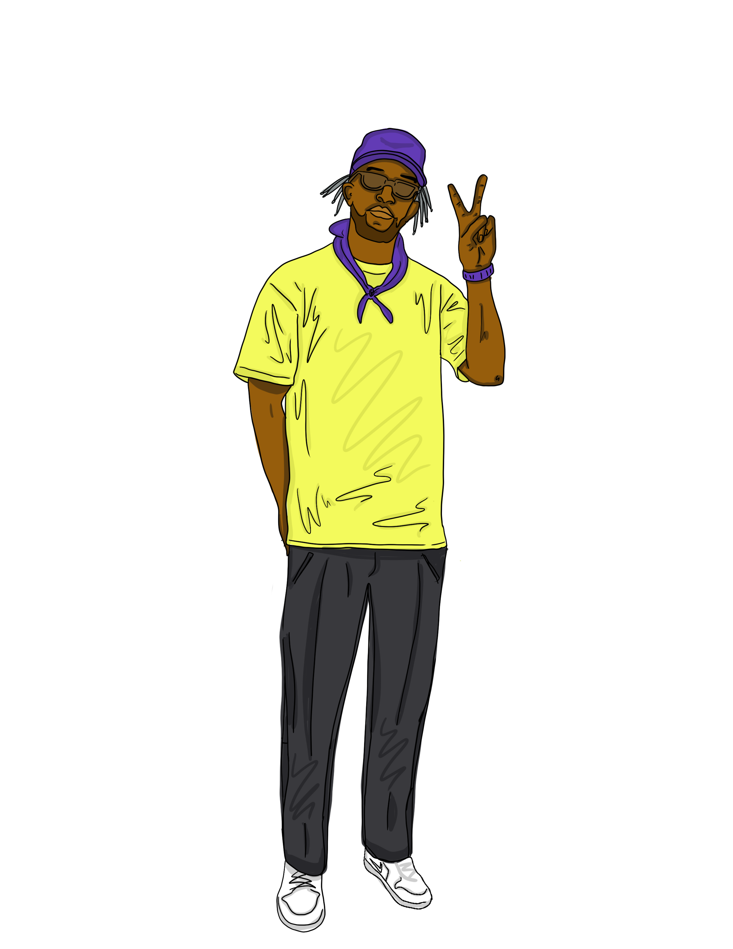A person standing with a relaxed pose, wearing a purple bandana, yellow t-shirt, black pants, white sneakers, glasses, and making a peace sign with their right hand.