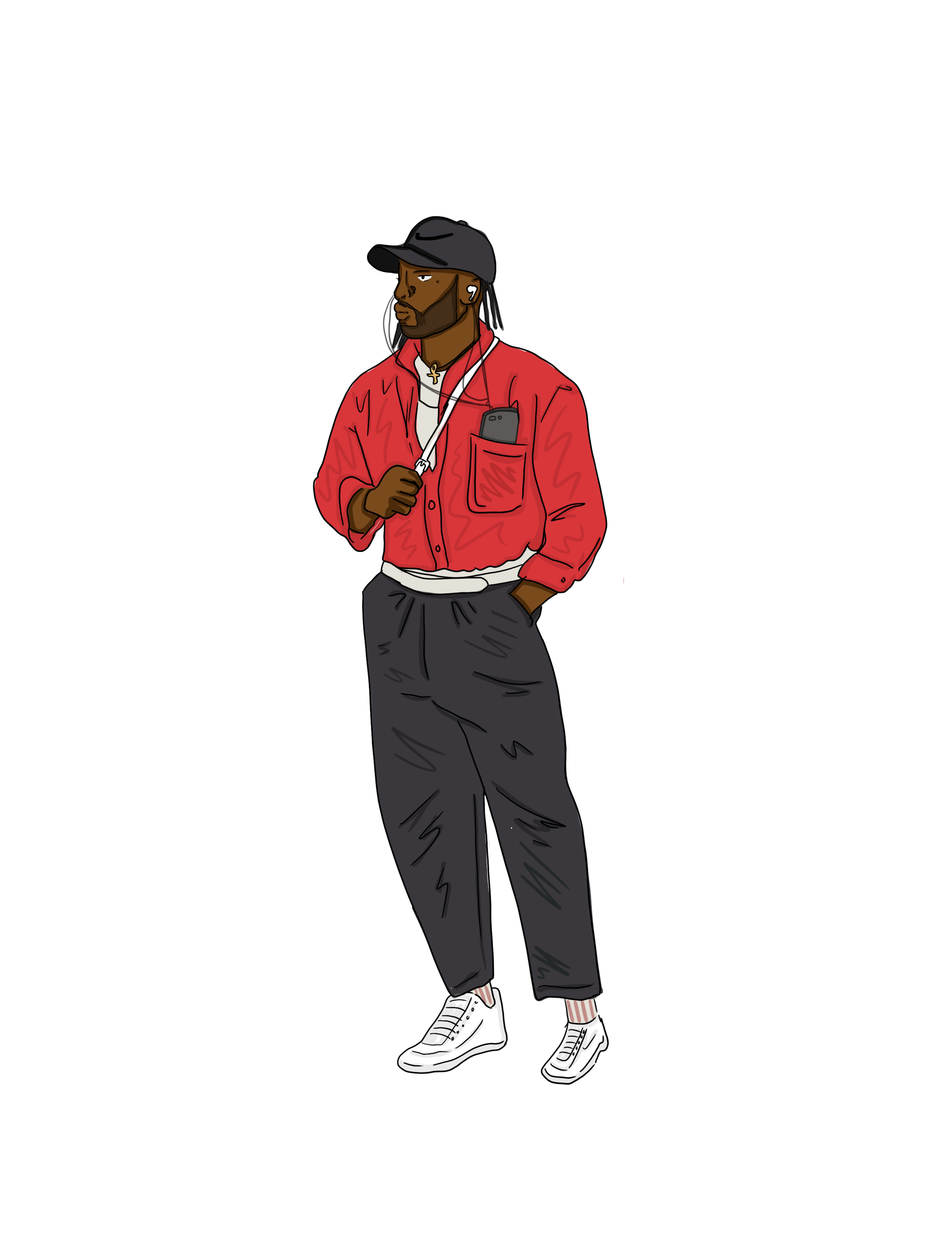 Illustration of a man in casual athletic attire, wearing a red jacket, black pants, white sneakers, a black cap, and holding a smartphone with earphones, standing with one hand in his pocket.