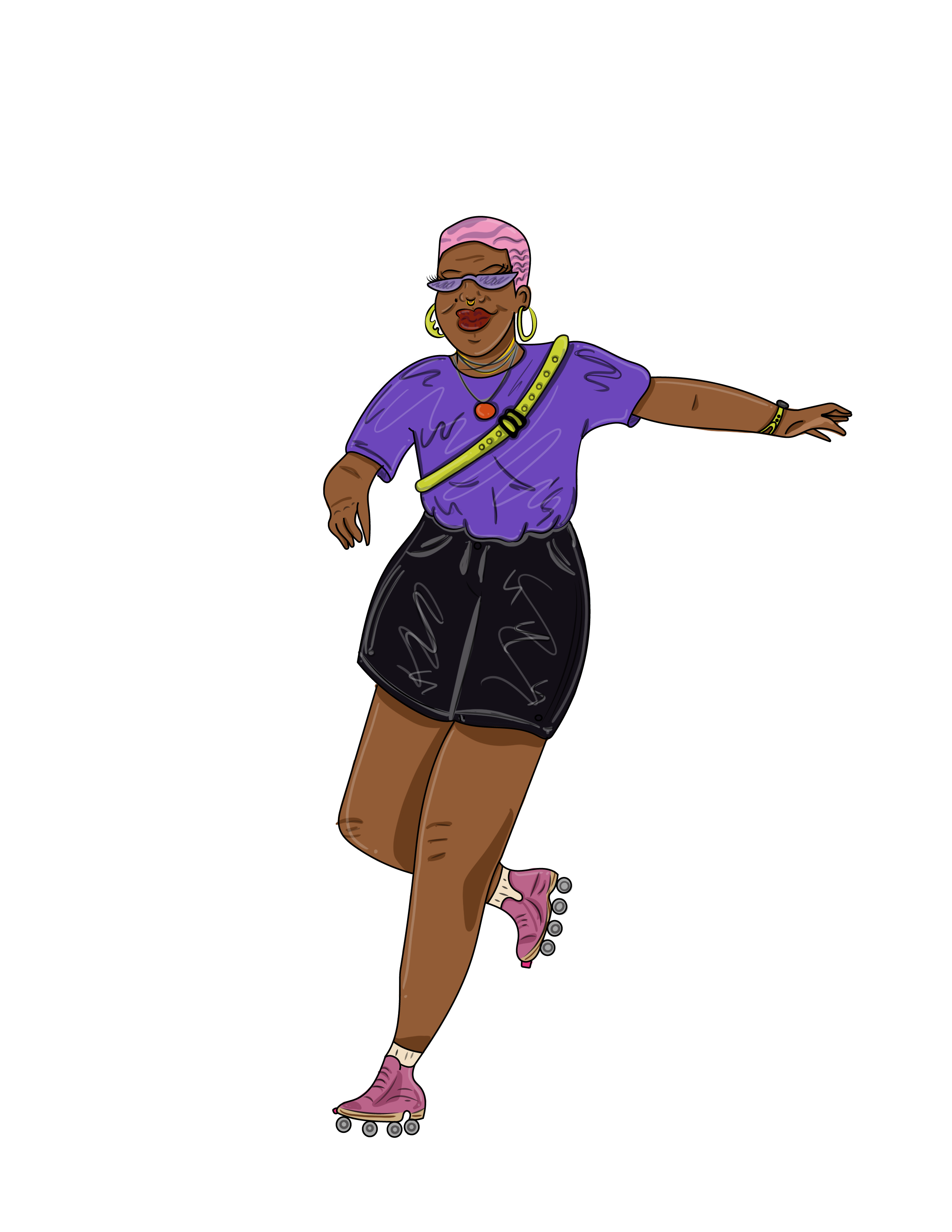 A woman roller skating, wearing a purple top, black skirt, pink roller skates, sunglasses, and gold jewelry, with short pink hair.
