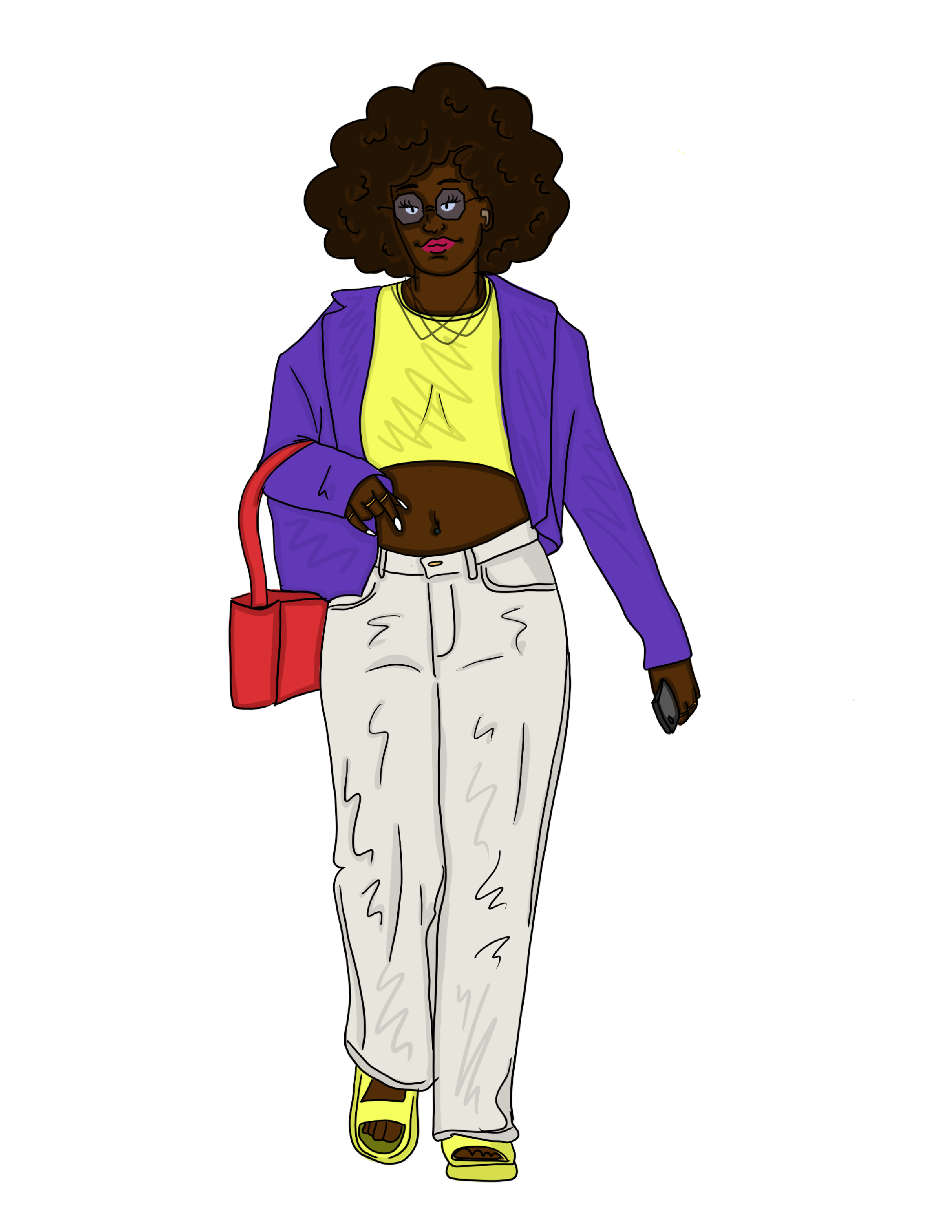 Young woman walking, wearing a purple jacket, yellow top, white wide-leg pants, yellow slide sandals, carrying a red bag, holding a phone, with curly hair and glasses.