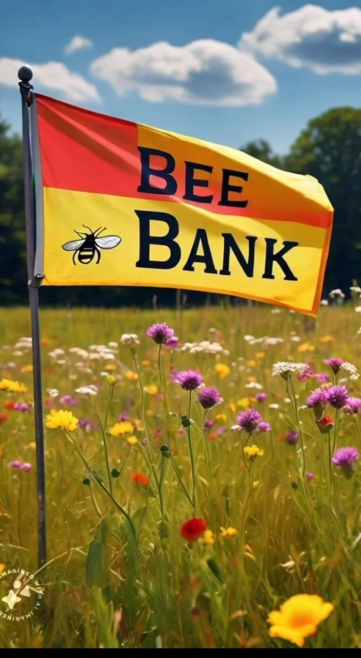 A colorful flag with red, yellow, and orange stripes reads "BEE BANK" and features a bee illustration, set in a field of wildflowers with a blue sky and clouds in the background.