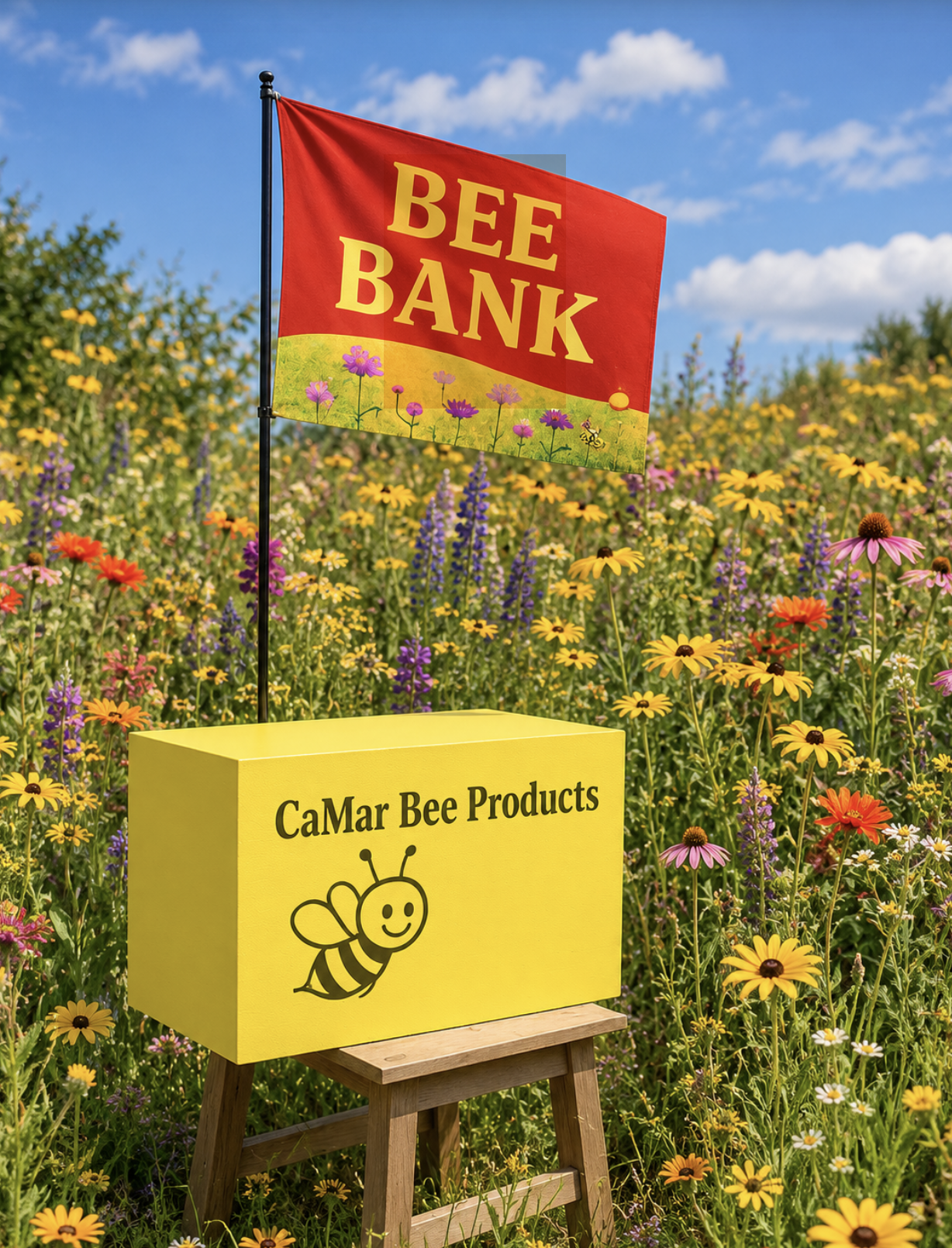 A flag with red background and yellow text that says "BEE BANK" is flying in a field of colorful wildflowers. A yellow display box on a wooden stand has a drawing of a smiling bee and the text "CaMar Bee Products."