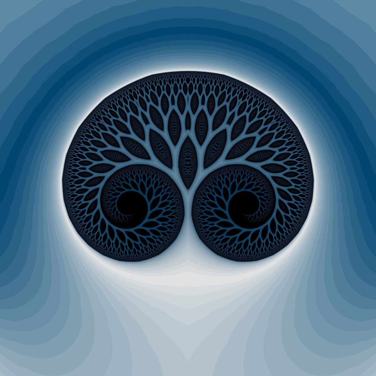 Abstract fractal design resembling two spirals with leaf-like patterns, set against a gradient blue background.