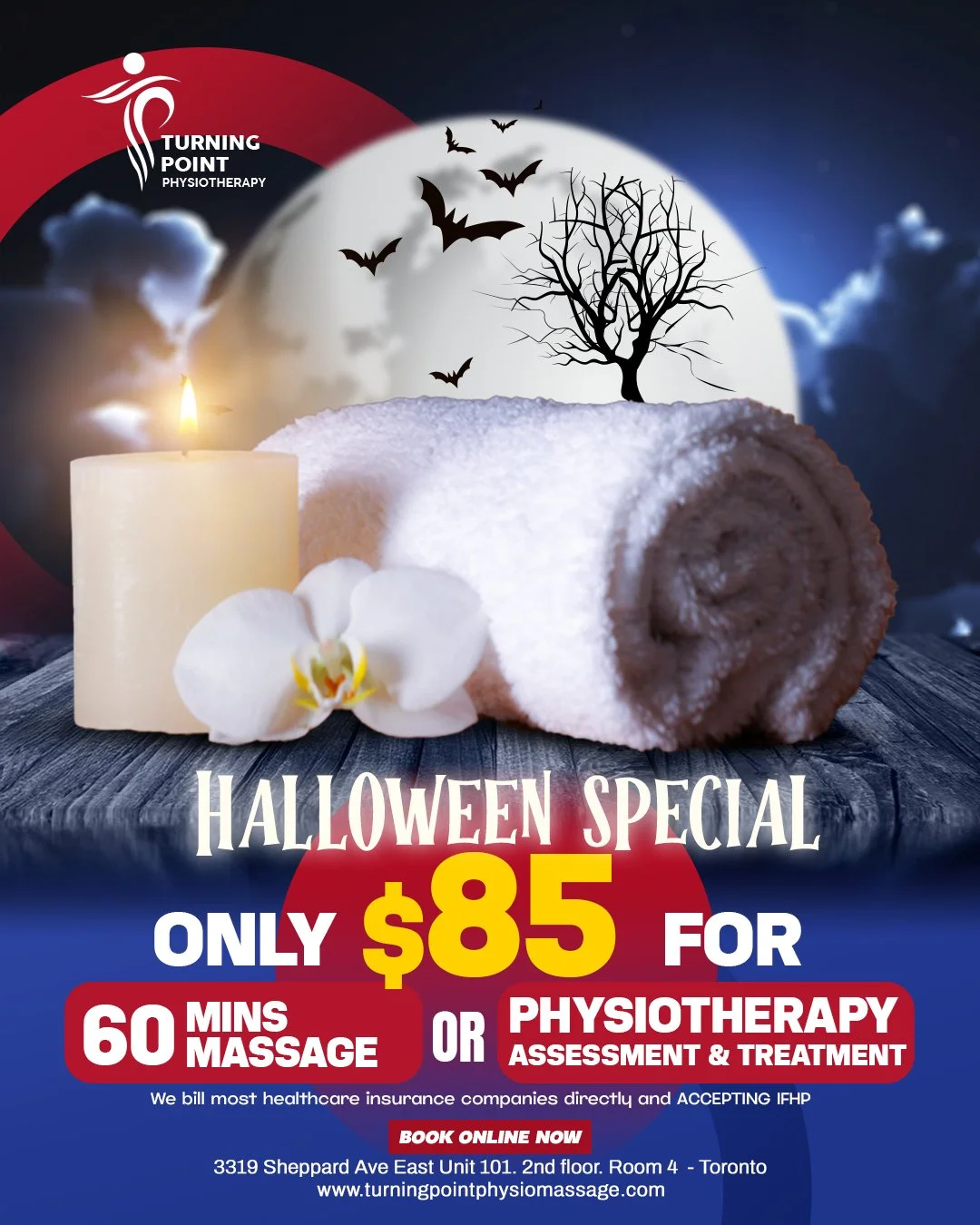 ChatGPT said:

🎃 No Tricks &mdash; Just Treats for Your Body! 👻
This Halloween, skip the candy and give yourself the ultimate treat &mdash; relief and relaxation!

✨ What&rsquo;s included:
Full physiotherapy assessment by a licensed professional or