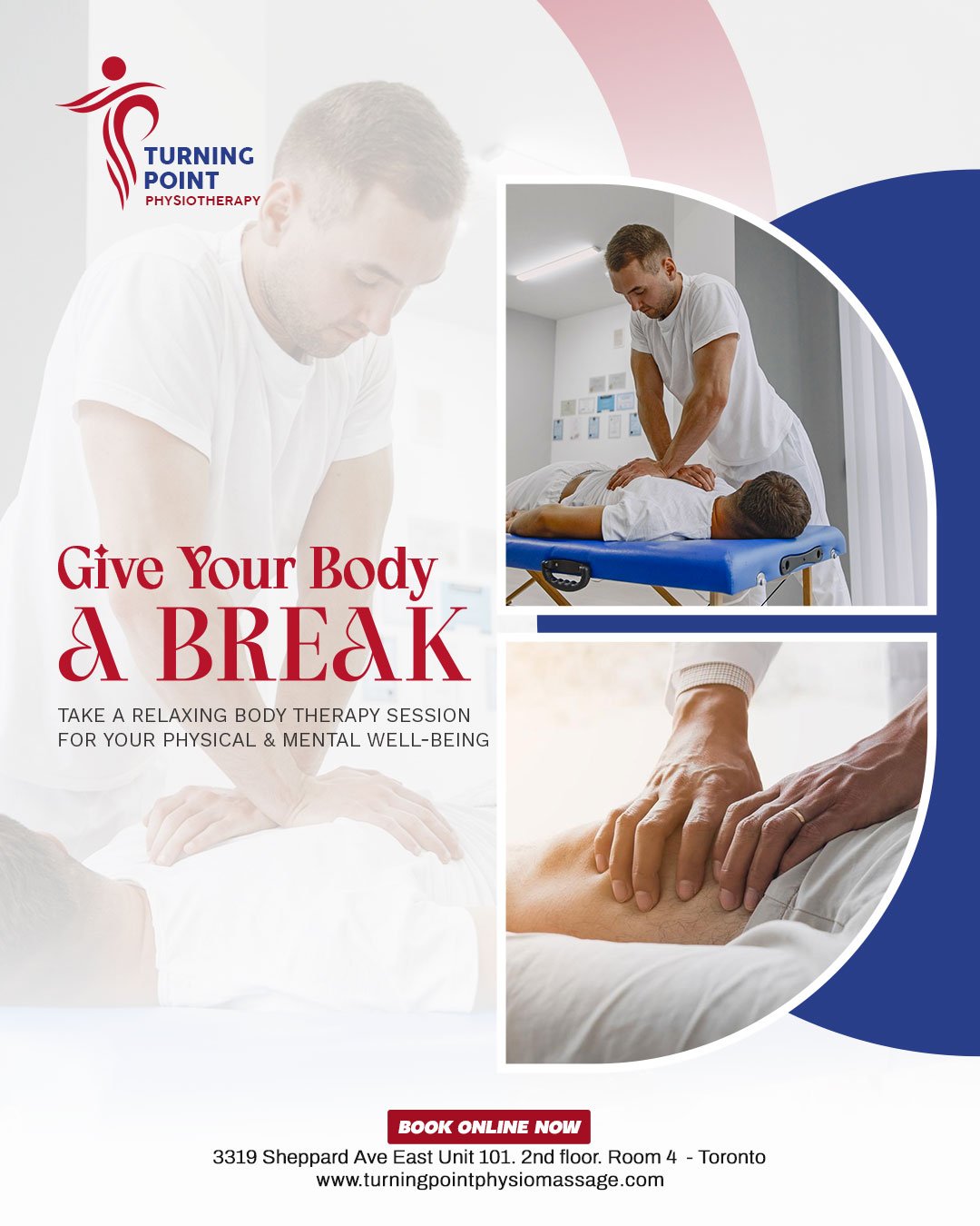 💆&zwj;♀️ Give Your Body a Break 💆&zwj;♂️
Your body deserves some care &mdash; relax, recover, and recharge with our expert physio &amp; massage treatments. 🌿✨

You work hard &mdash; let us help you feel your best! 💙

📍 Visit us at 3319 Sheppard 