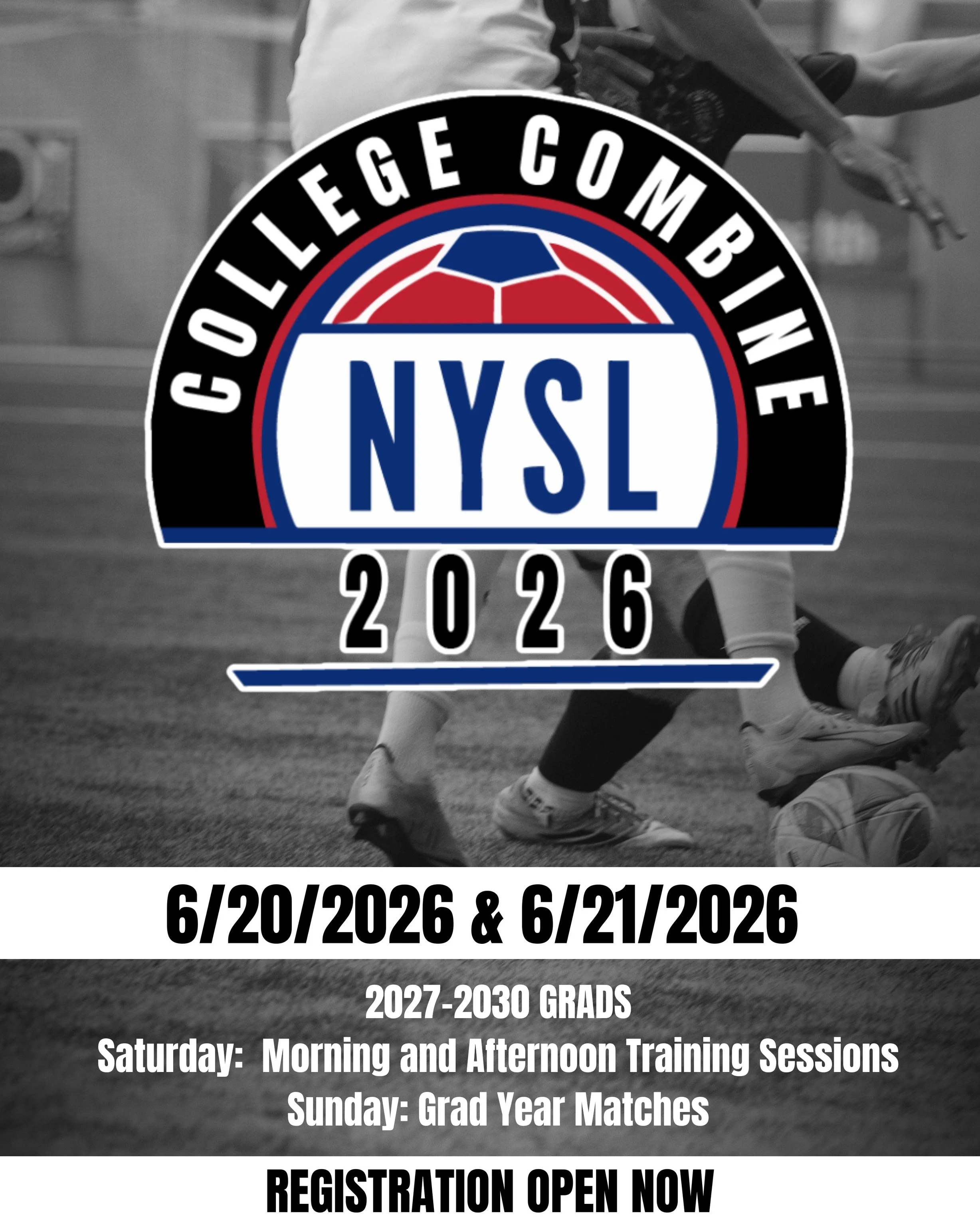 Playing at the next level&mdash; NYSL can help get you there ⚽️

2026 NYSL College Combine
Open to all NYSL players graduating 2027-2030
$100 includes two training sessions and a grad year match in front of college coaches from the region. 

Registra