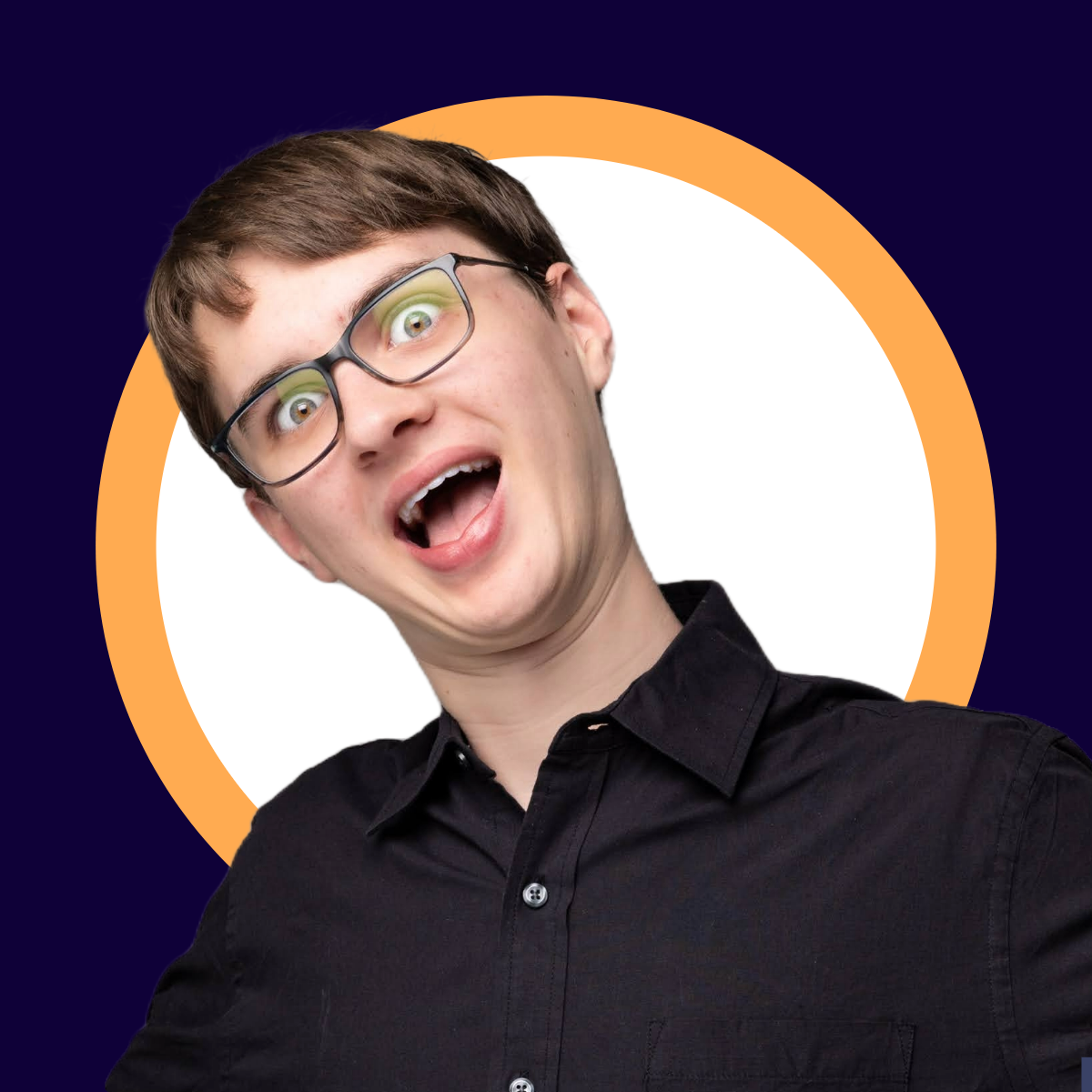 Young man with short brown hair, wearing glasses and a black button-up shirt, making an exaggerated, playful expression, framed within a circular orange border on a dark blue background.