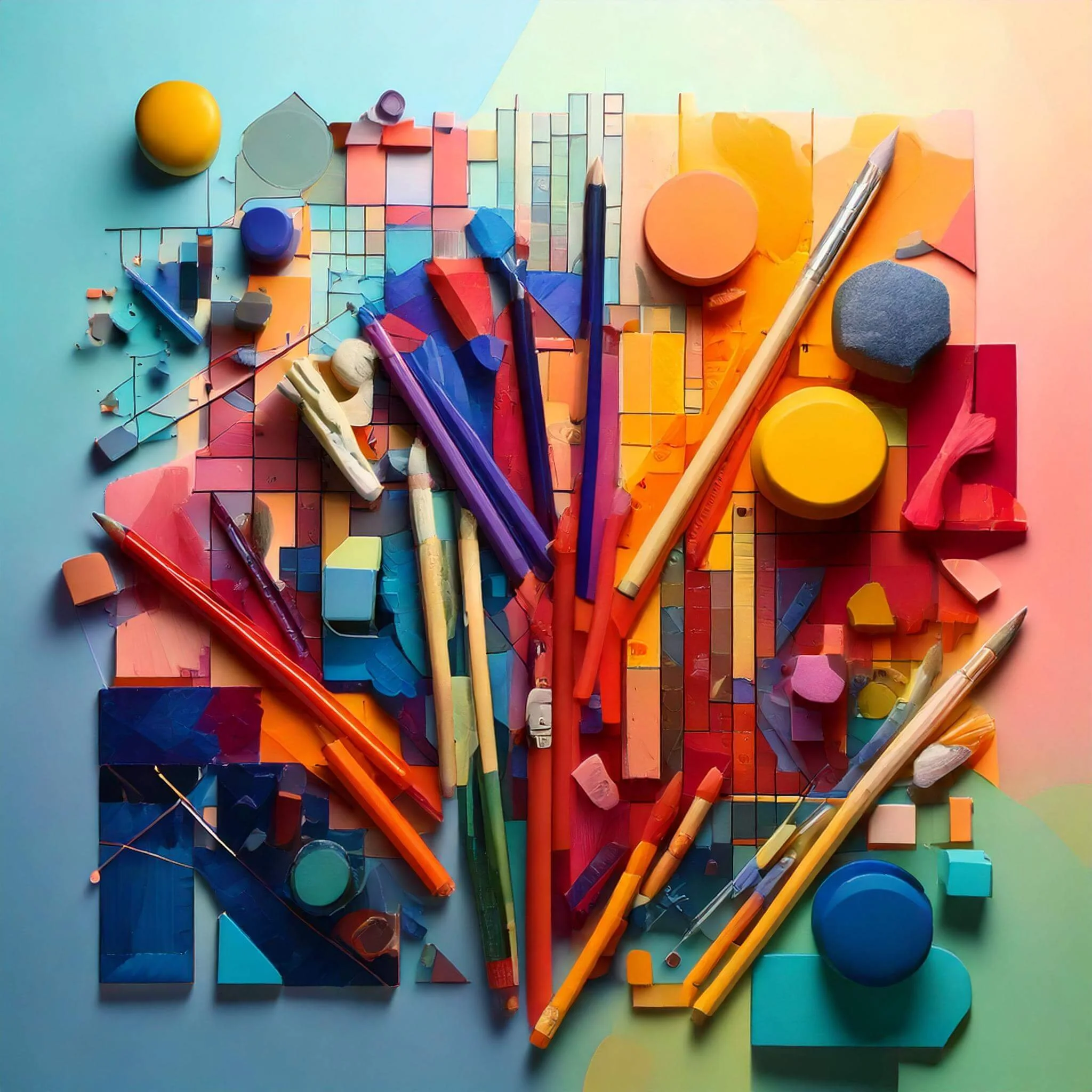 A vibrant, modern illustration representing graphic design, featuring bold abstract shapes, dynamic gradients, and geometric patterns. Stylized digital tools, such as a pencil, paintbrush, and computer icon, are subtly integrated into the design.