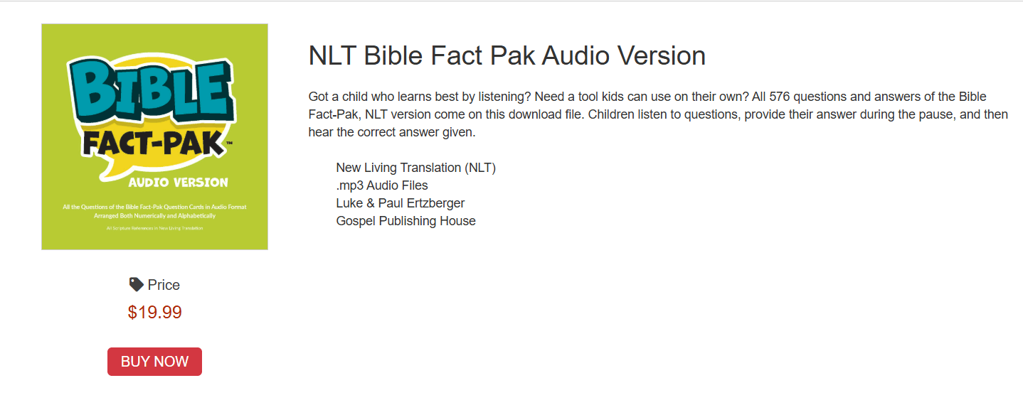 Bible Fact-Pak Audio Version cover with bold blue text on a green background. Lists all Bible Fact-Pak questions in audio format. Price: $19.99 with 'BUY NOW' button.