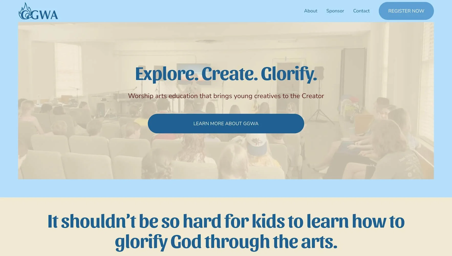 Homepage of a website for Worship arts education, with a background image of children in a classroom and a large blue button labeled 'Learn more about GGWA'.
