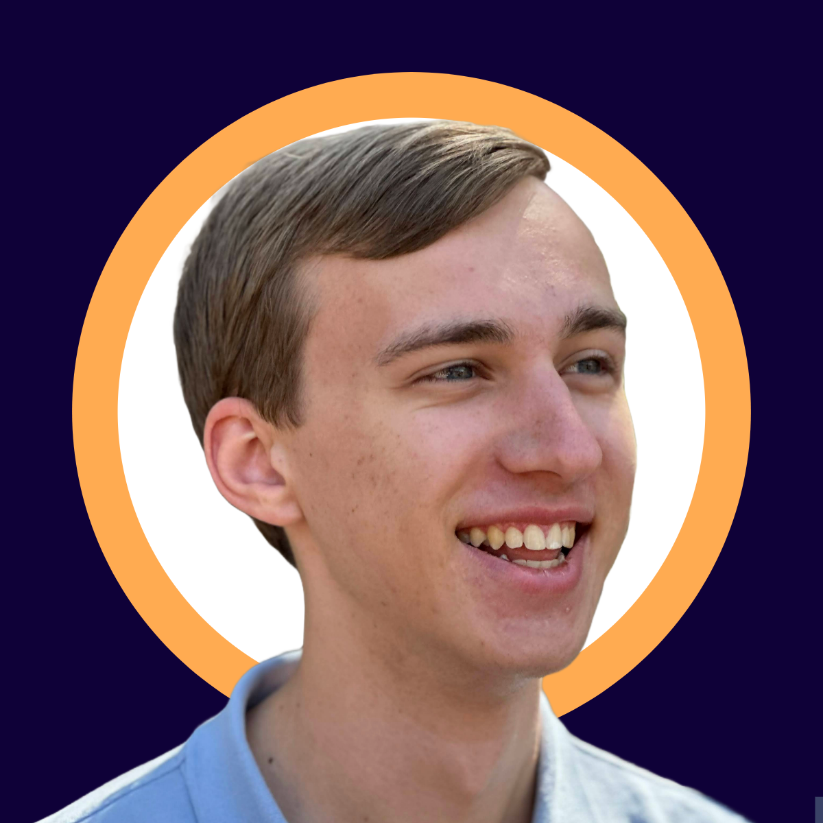 Smiling young man with short, light brown hair, wearing a light blue collared shirt, featured within a circular orange border on a dark blue background.