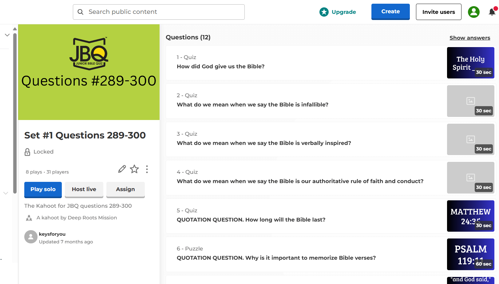 Kahoot quiz titled 'Set #1 Questions 289-300' for Junior Bible Quiz (JBQ). Includes 12 questions on Bible topics. Options to play solo, host live, or assign. Created by 'keysforyou' with 8 plays and 31 players.
