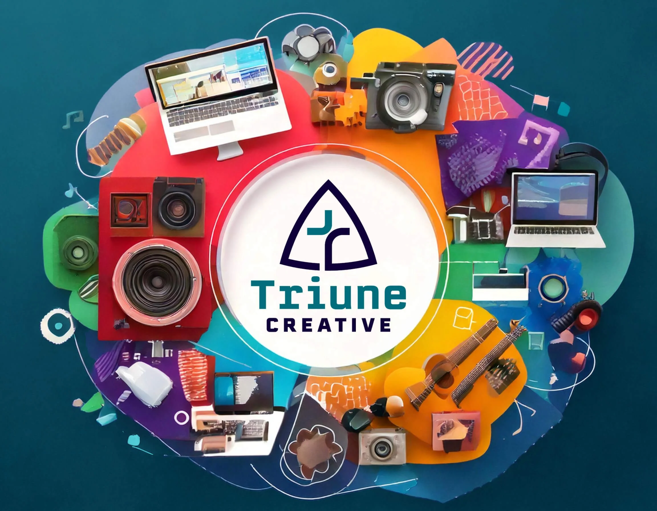 A colorful circular arrangement of various creative and electronic items surrounding a central logo that reads 'Triune Creative' with a stylized triangular design.