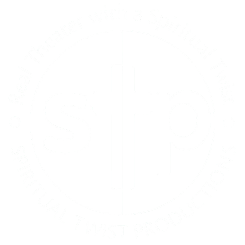 Logo for Spiritual Twist Productions, featuring the initials 'stp' with a vertical line through the 't', surrounded by the text 'Real Theater with a Spiritual Twist' and 'Spiritual Twist Productions' in a circular arrangement.