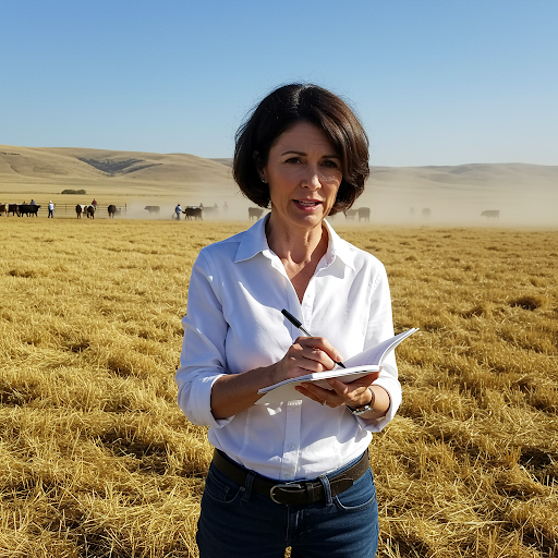 Woman in a field taking notes with cattle in the background
