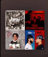 A collage of four album covers, including 'Nando,' 'Tec Scorcher,' a portrait of a smiling girl with braided hair, and two men facing each other.