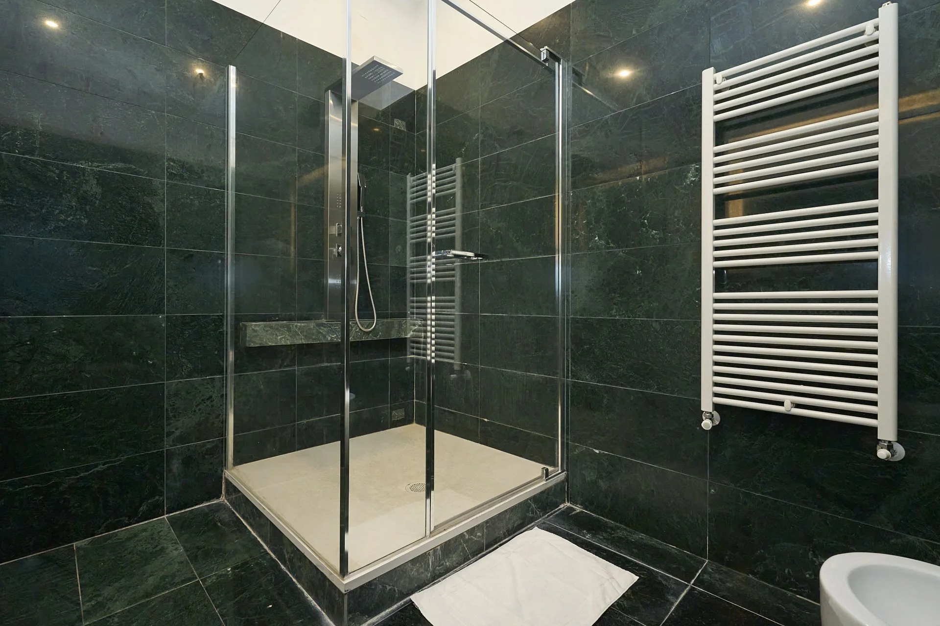 Bagno moderno con pareti e pavimento in piastrelle verdi scure, doccia con porta in vetro, soffione calato dal soffitto, asciugamano bianco appeso a un termo riscaldante a parete, parte di un bidet visibile in basso a destra.