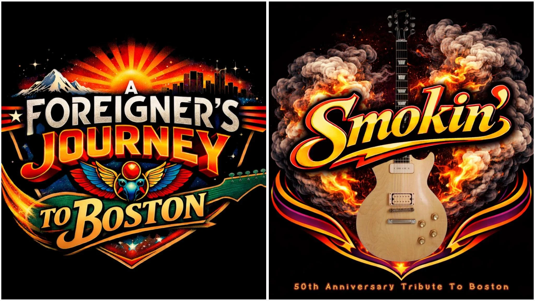Left side features graphic design with text 'A Foreigner's Journey to Boston' with a mountain, city skyline, and eagle with wings spread. Right side shows a guitar surrounded by smoke and flames with the text 'Smokin' and '50th Anniversary Tribute To Boston' at the bottom.