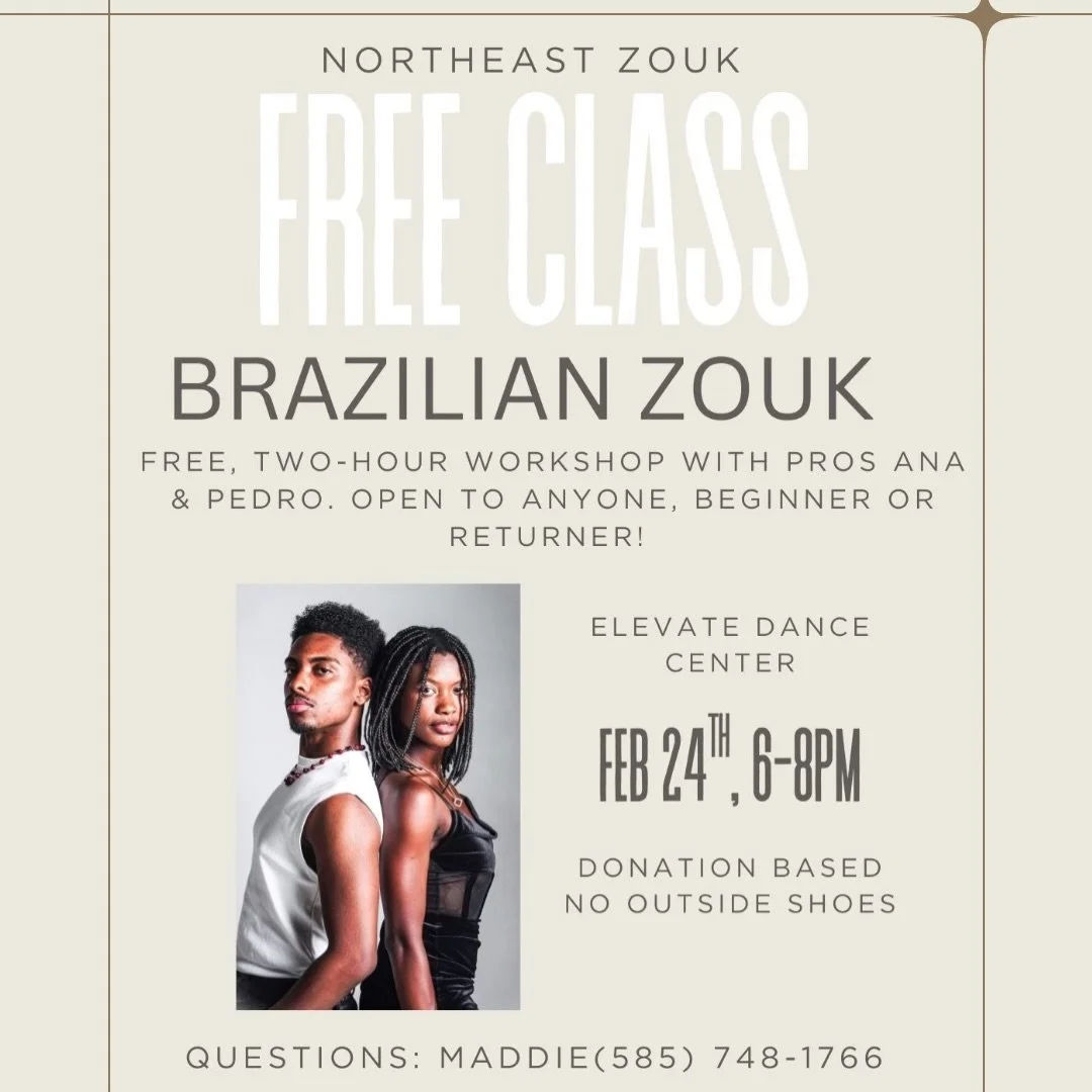 See you all tonight: 
What time?  6-8pm 
Where? @elevatedanceroc 
Let&rsquo;s dance the night away with Brazilian zouk!!!

#brazilianzouk #lambada #dance #bachata #pedroandana