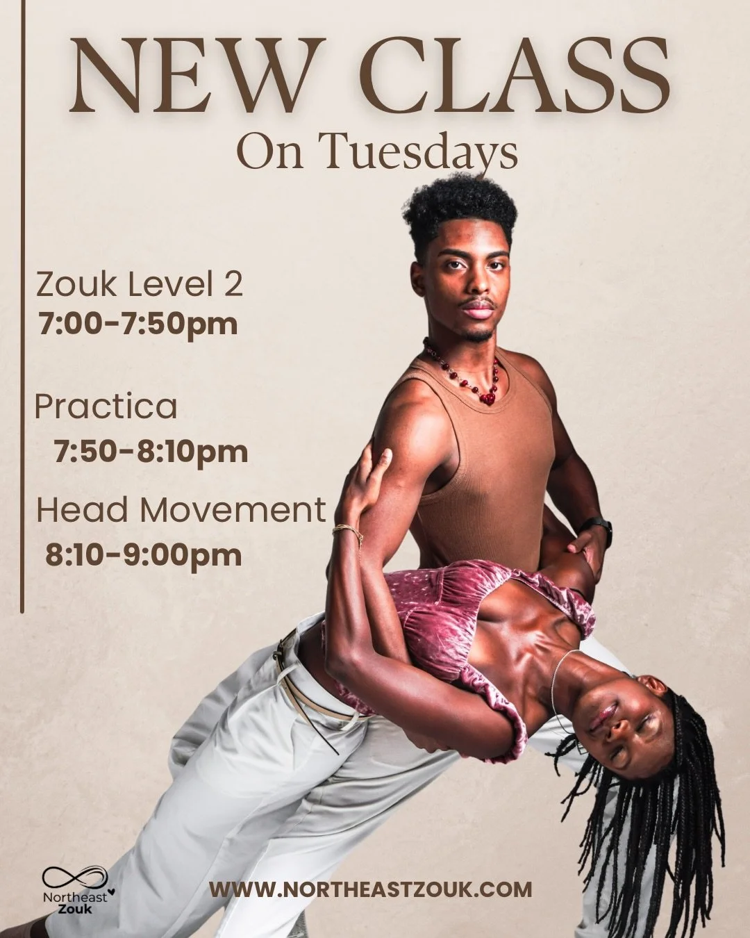 Spring matches great DANCE NEWS:
Our April Nights are going to have more 🇧🇷 zouk!!❤️&zwj;🔥

Tuesday Schedule:
7-7:50 Zouk Level 2
7:50-8:10 Practica 
8:10-9:00pm Head Movement

Wednesday Schedule:
✨ 7-8pm Zouk Level 1
 (Beginner friendly, no dance