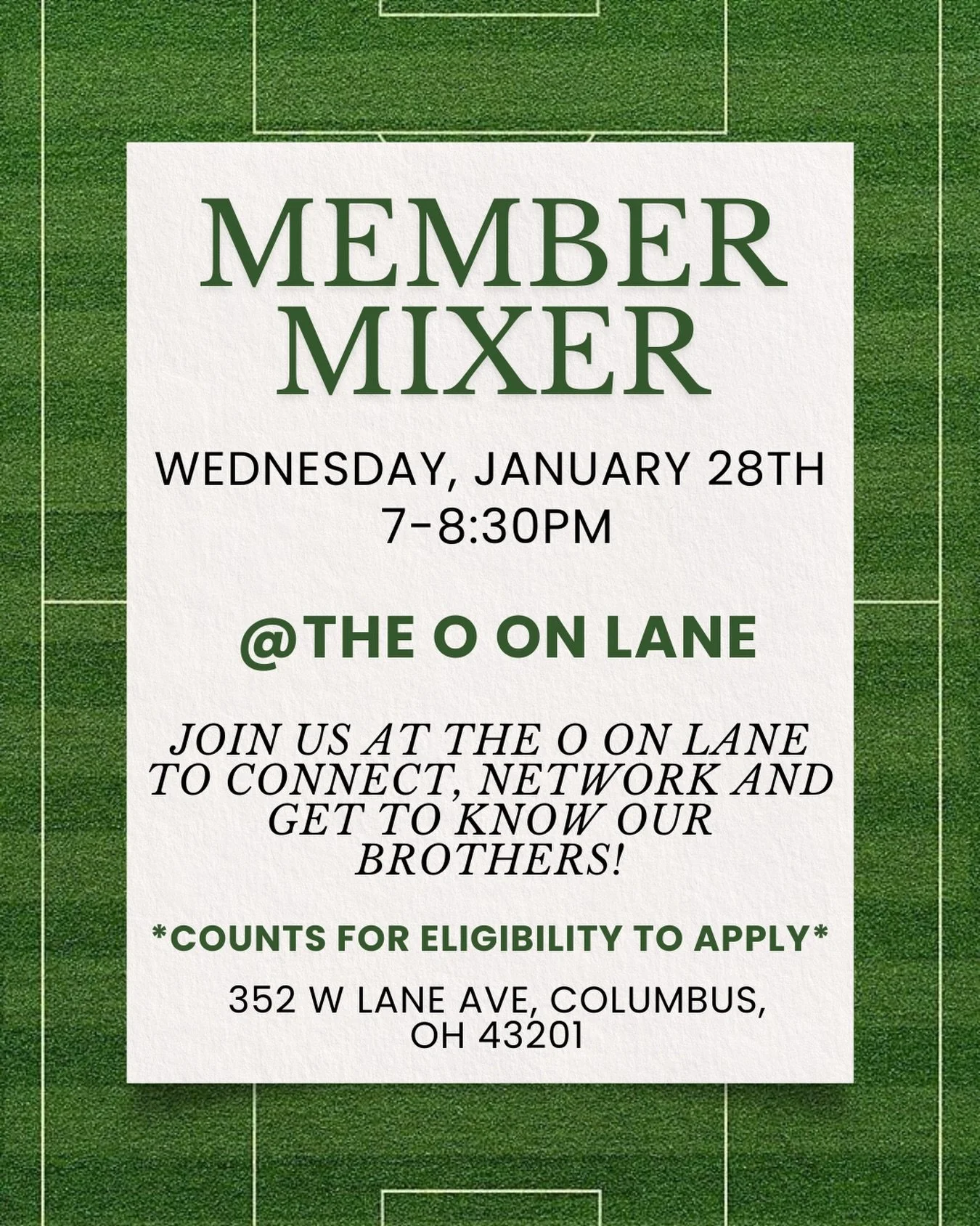 New networking opportunity!! If you want another chance to meet our members and network further, come join us at The O on Lane at 7PM. 

**Along with attending an MTC, attending this mixer counts as eligibility to apply⚽️