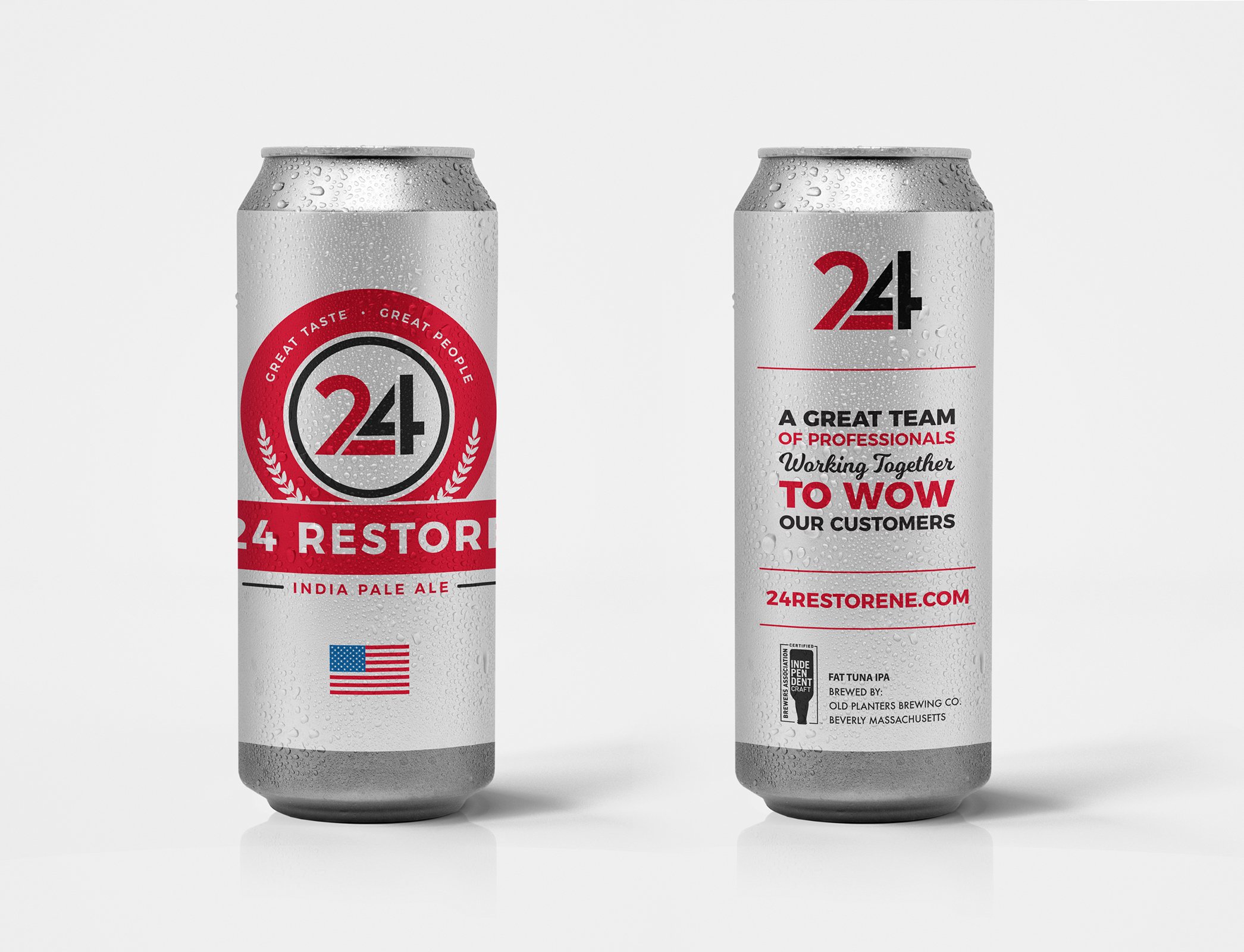 Two beer cans labeled "24 Restore," with the text "India Pale Ale" and "24RESTORENE.COM." The cans feature an American flag and phrases highlighting teamwork and service.