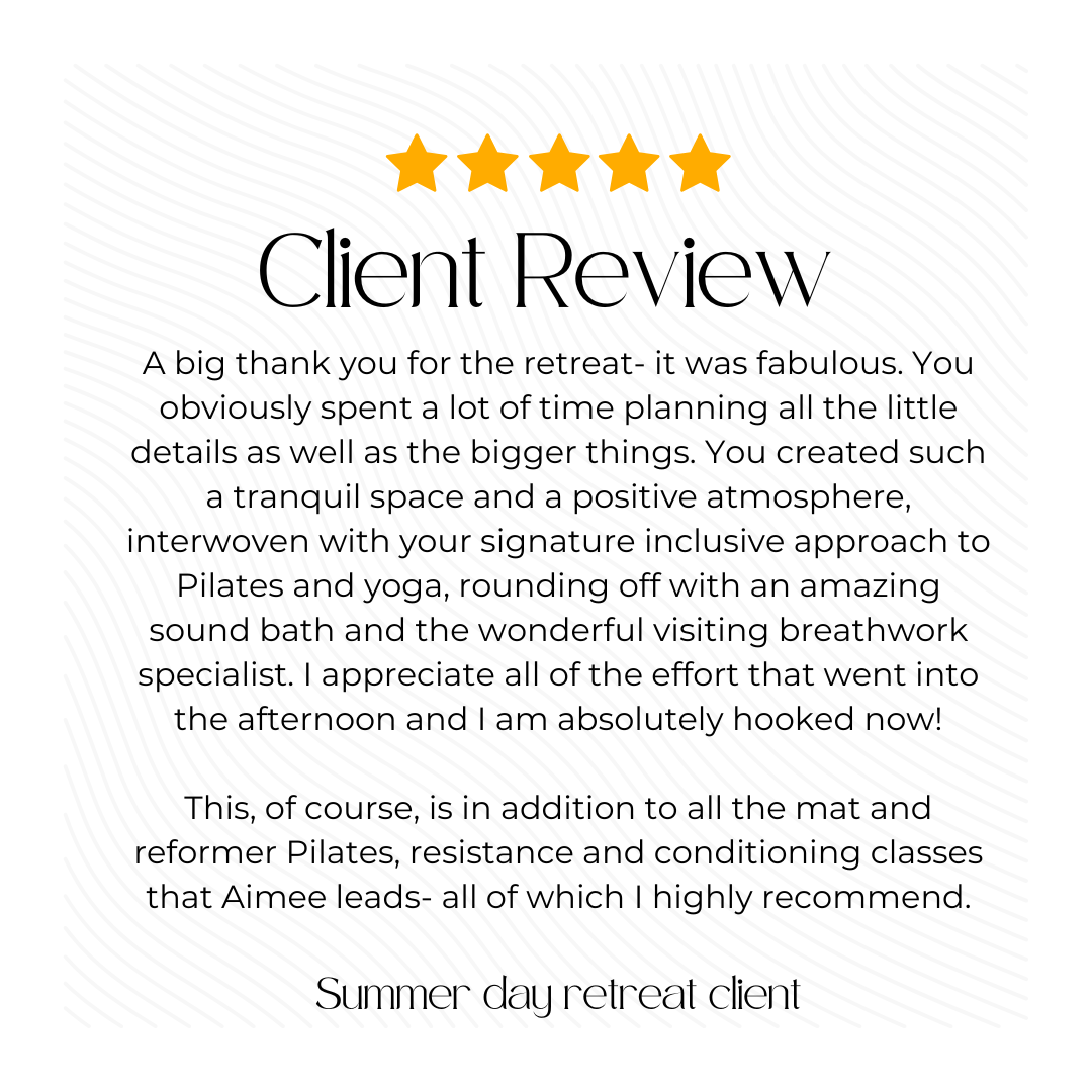 A customer review for a retreat, featuring five gold stars at the top, the title 'Client Review,' and a detailed positive testimonial about the retreat experience, including yoga, Pilates, sound bath, and other classes.