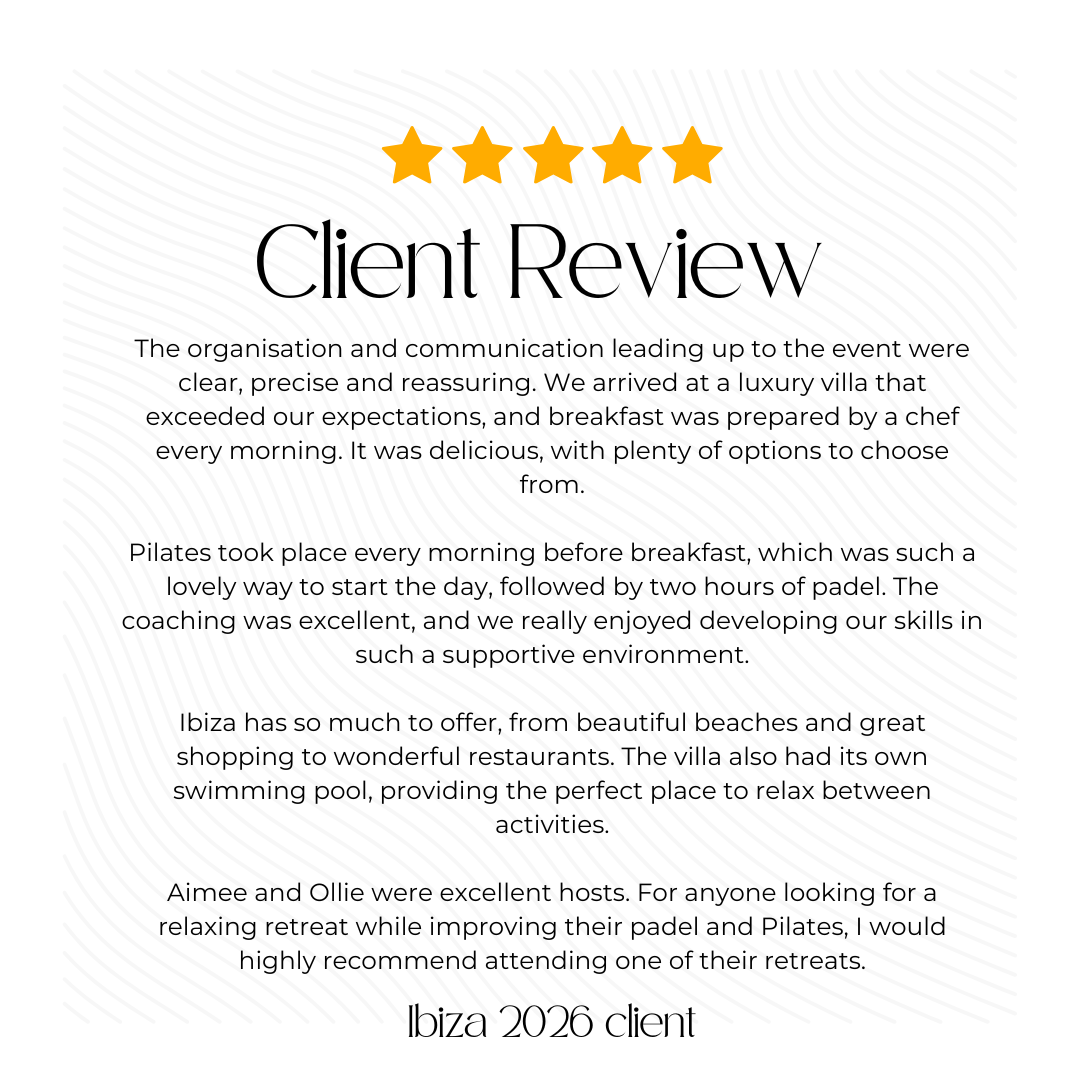 Five-star client review with title 'Client Review' discussing a luxury villa stay, breakfast, Pilates, beaches, restaurants, and hosts Aimee and Ollie on Ibiza in 2026.