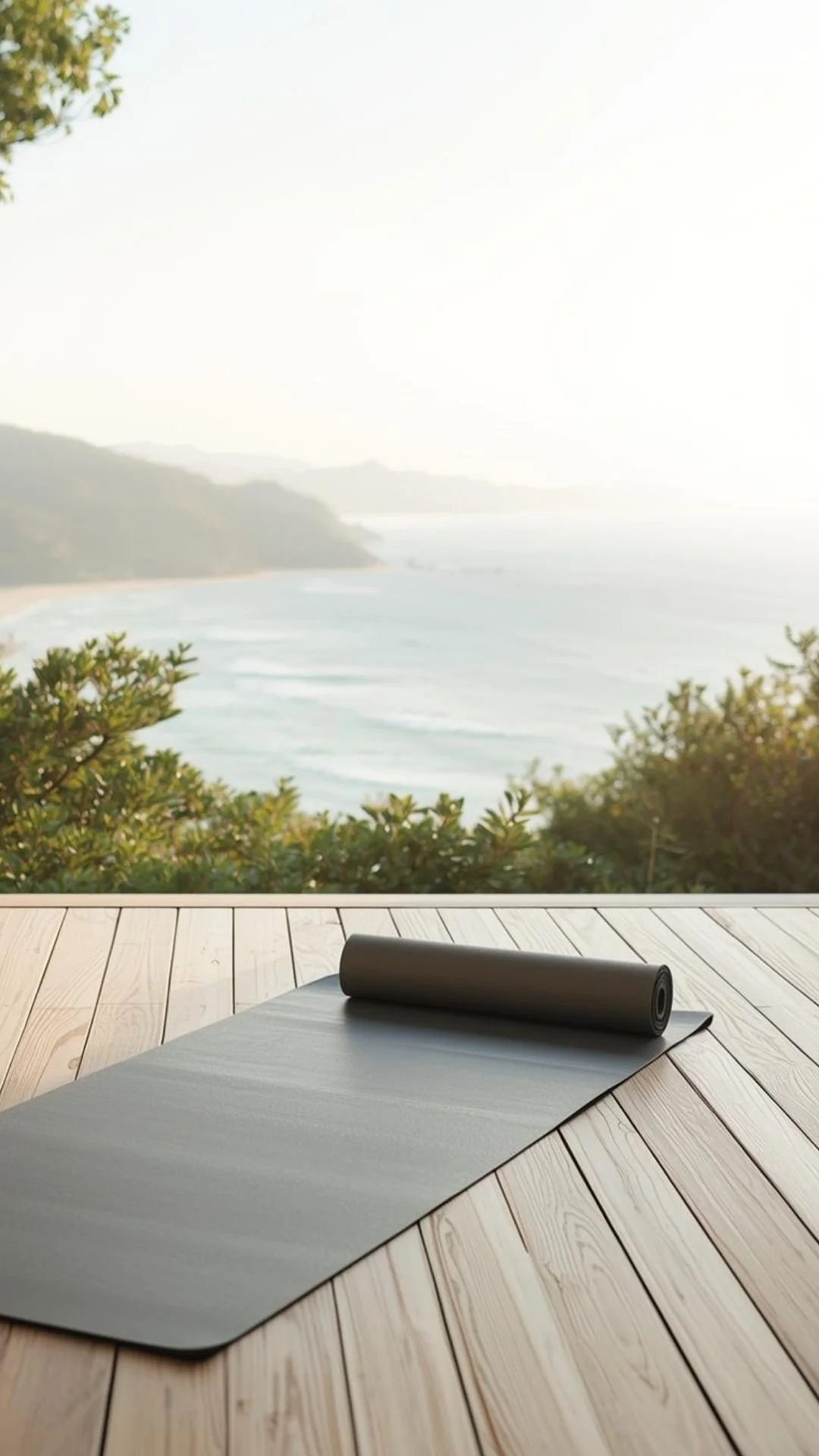 Yoga mat on wooden deck overlooking a scenic beach and ocean view with trees and distant hills.
