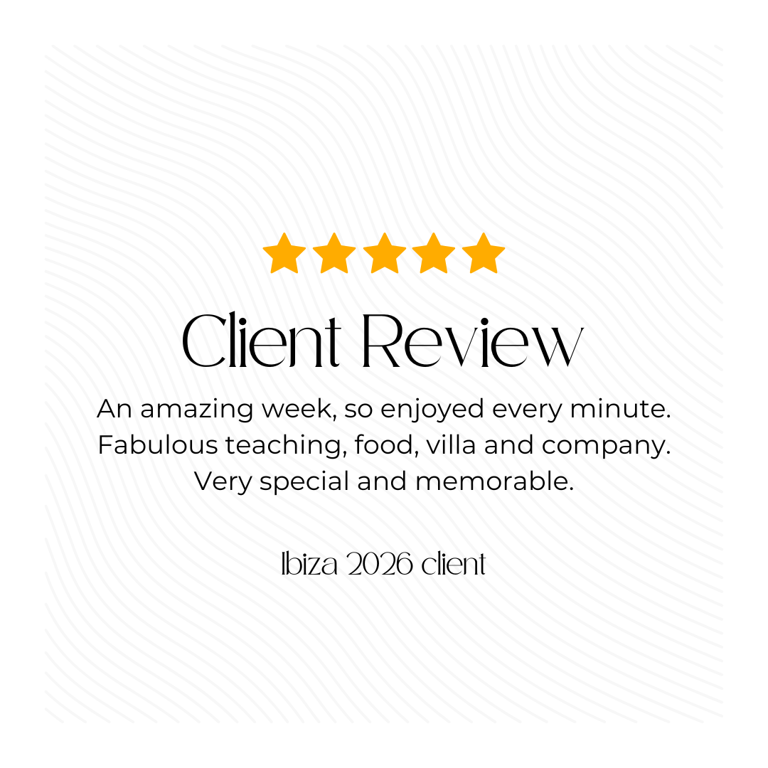 Client review with five gold stars, praising a week of fabulous teaching, food, villa, and company in Ibiza 2026.