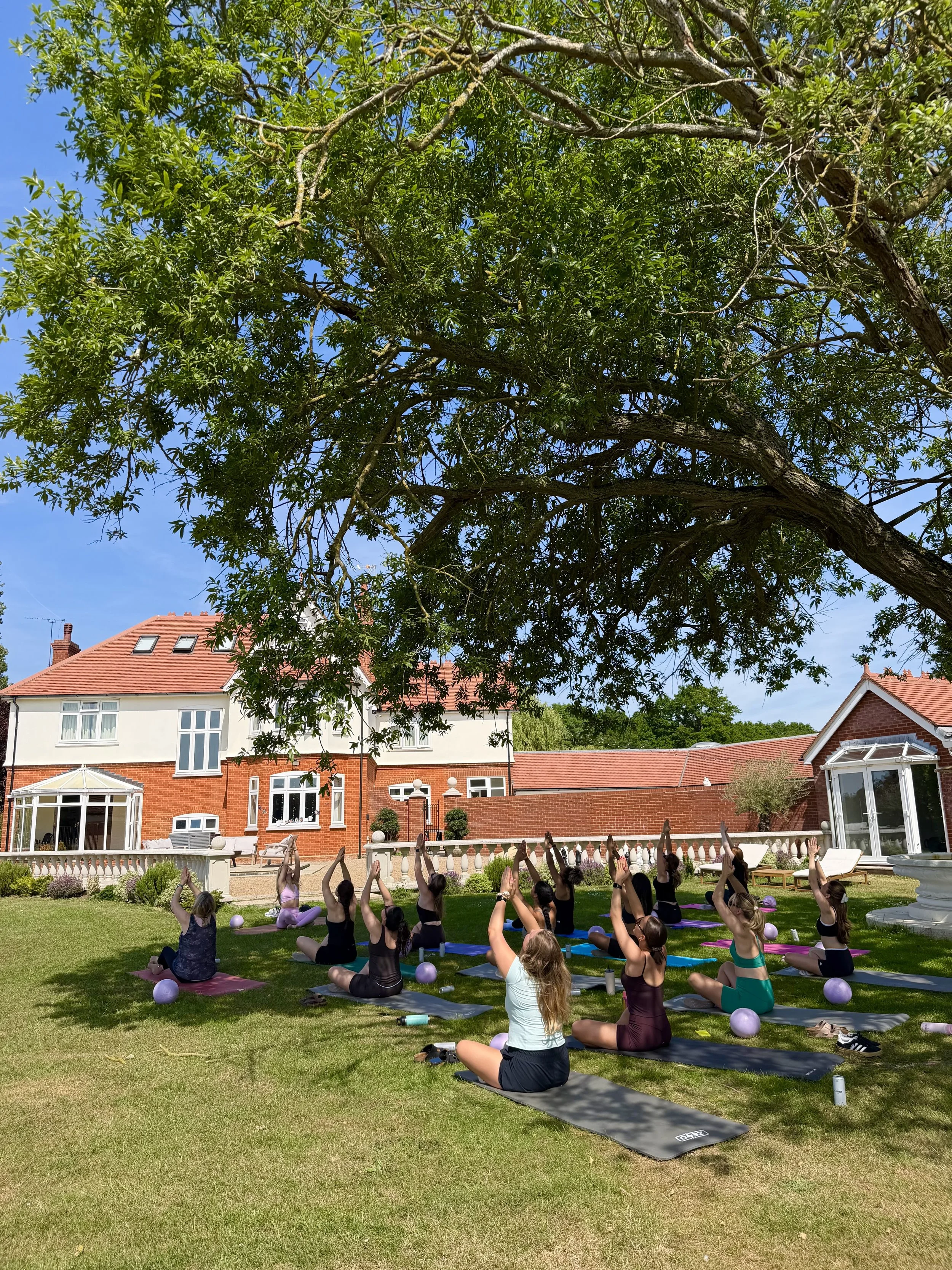 People participating in a yoga class outdoors on a sunny day, seated on mats in a garden with a large tree overhead and a house in the background.