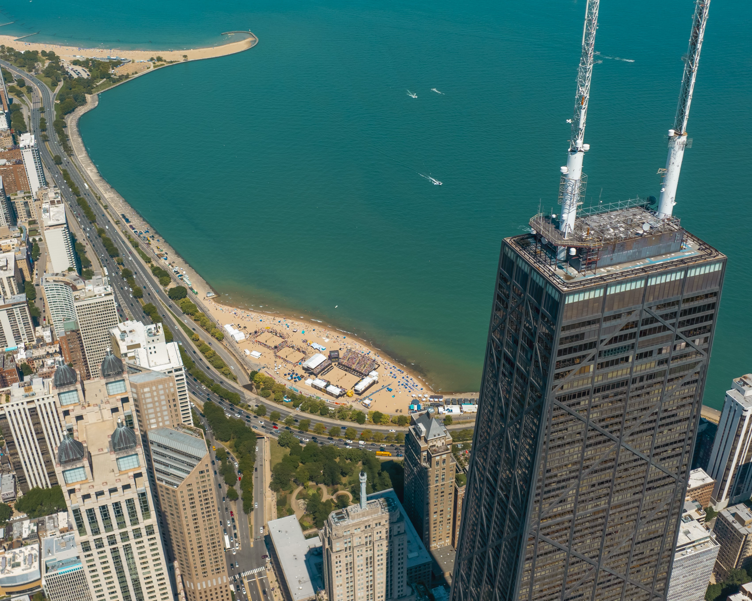 Chicago skyline and lakefront with the AVP event footprint on the beach