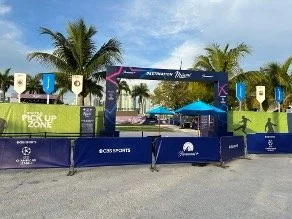 Paramount+ branded hospitality seating area beneath palm trees