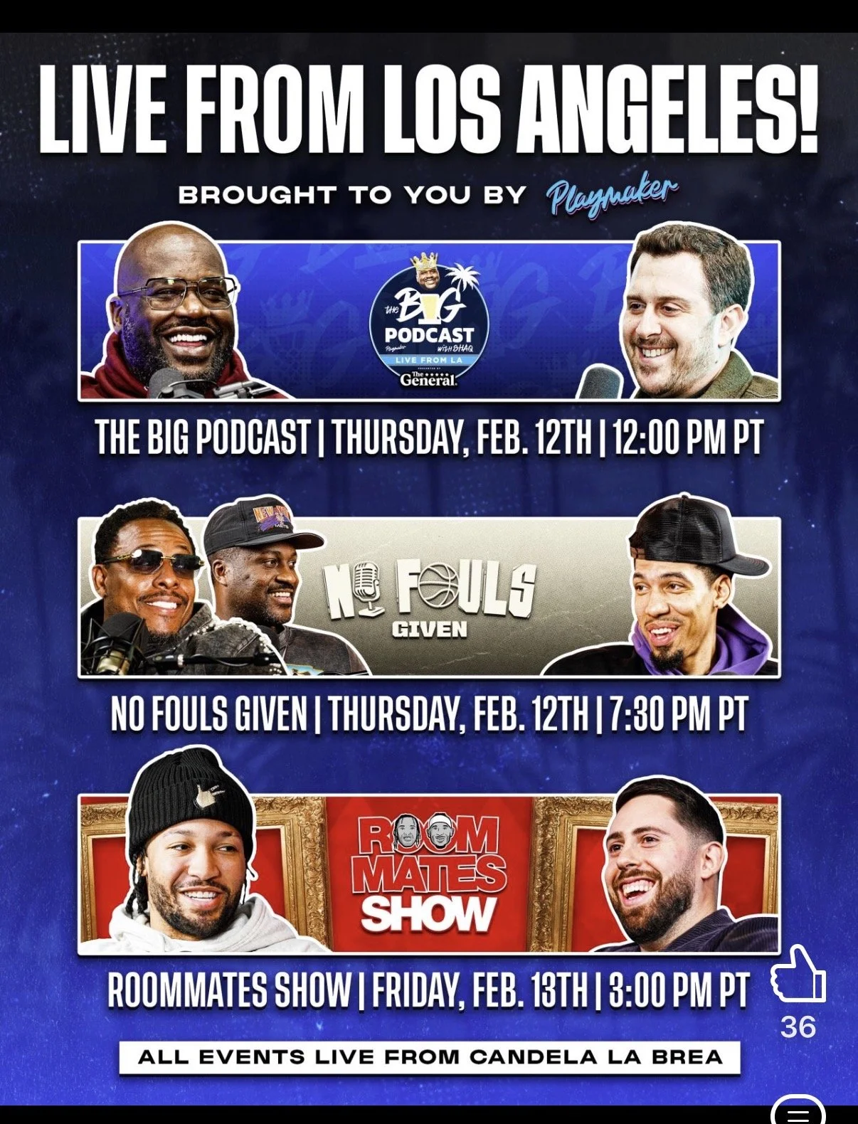 Promotional poster for The Big Podcast, No Fouls Given, and Roommates Show live in Los Angeles