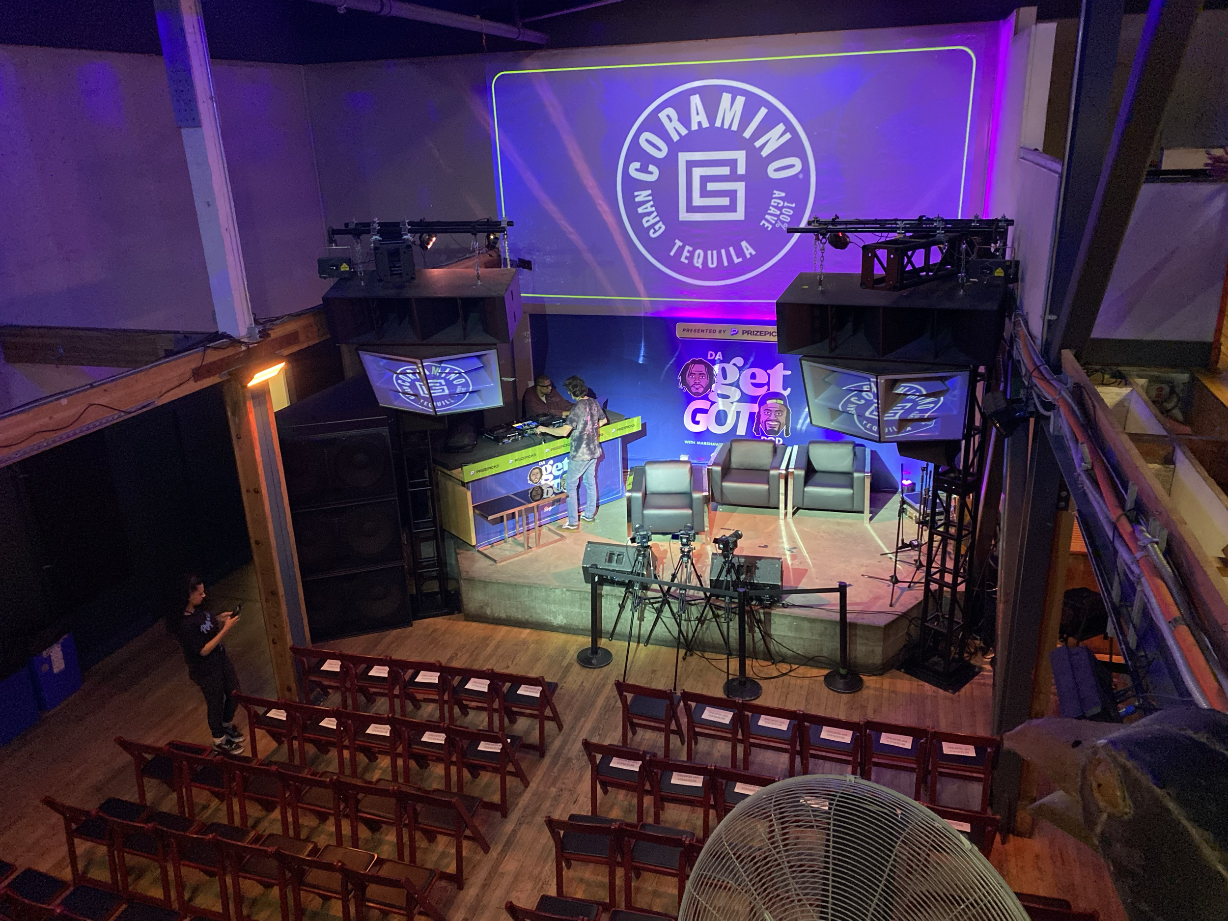 Da Get Got live podcast stage, cameras, and seating during Super Bowl Week
