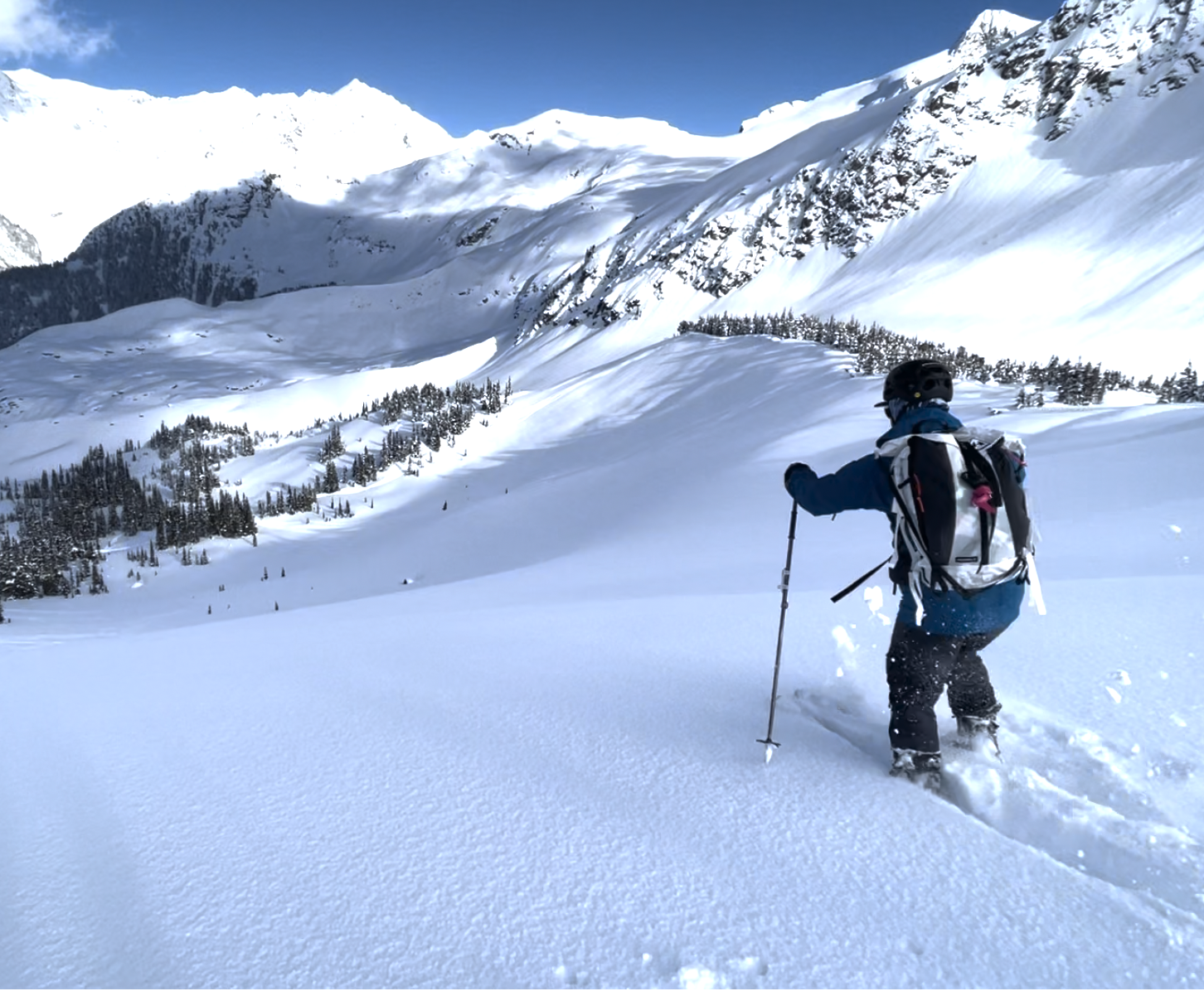 Person snowshoeing through a snow-covered mountainous landscape with trees and clear blue sky in the background.