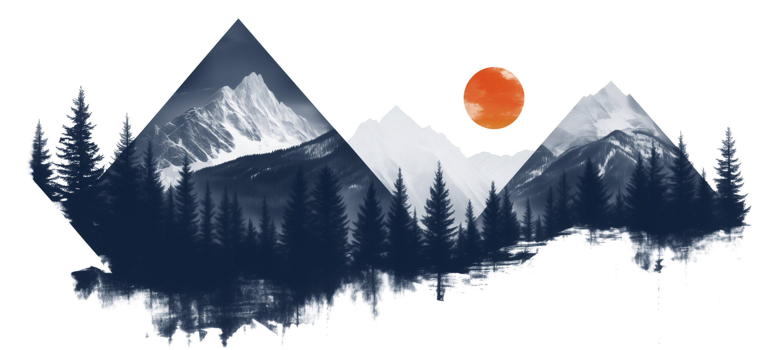 Silhouette of a mountain landscape at sunset with a large orange sun, rugged mountain peaks, and a forest of pine trees in dark blue hues.